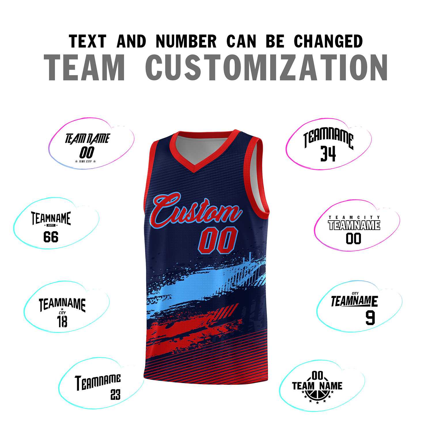 Custom Navy Powder Blue and Red Graffiti Pattern Sports Uniform Basketball Jersey