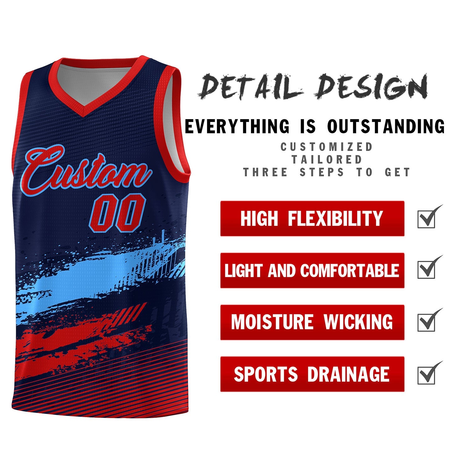 Custom Navy Powder Blue and Red Graffiti Pattern Sports Uniform Basketball Jersey