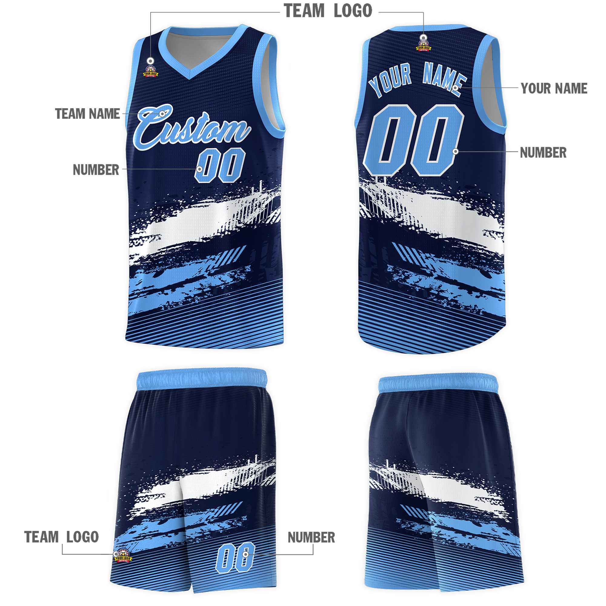 Custom Navy White and Powder Blue Graffiti Pattern Sports Uniform Basketball Jersey