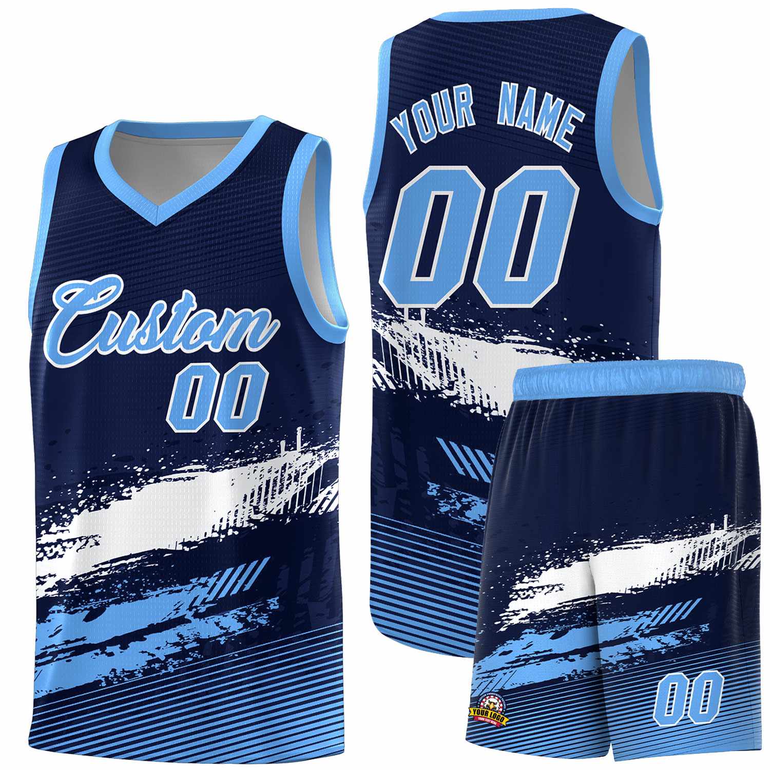 Custom Navy White and Powder Blue Graffiti Pattern Sports Uniform Basketball Jersey