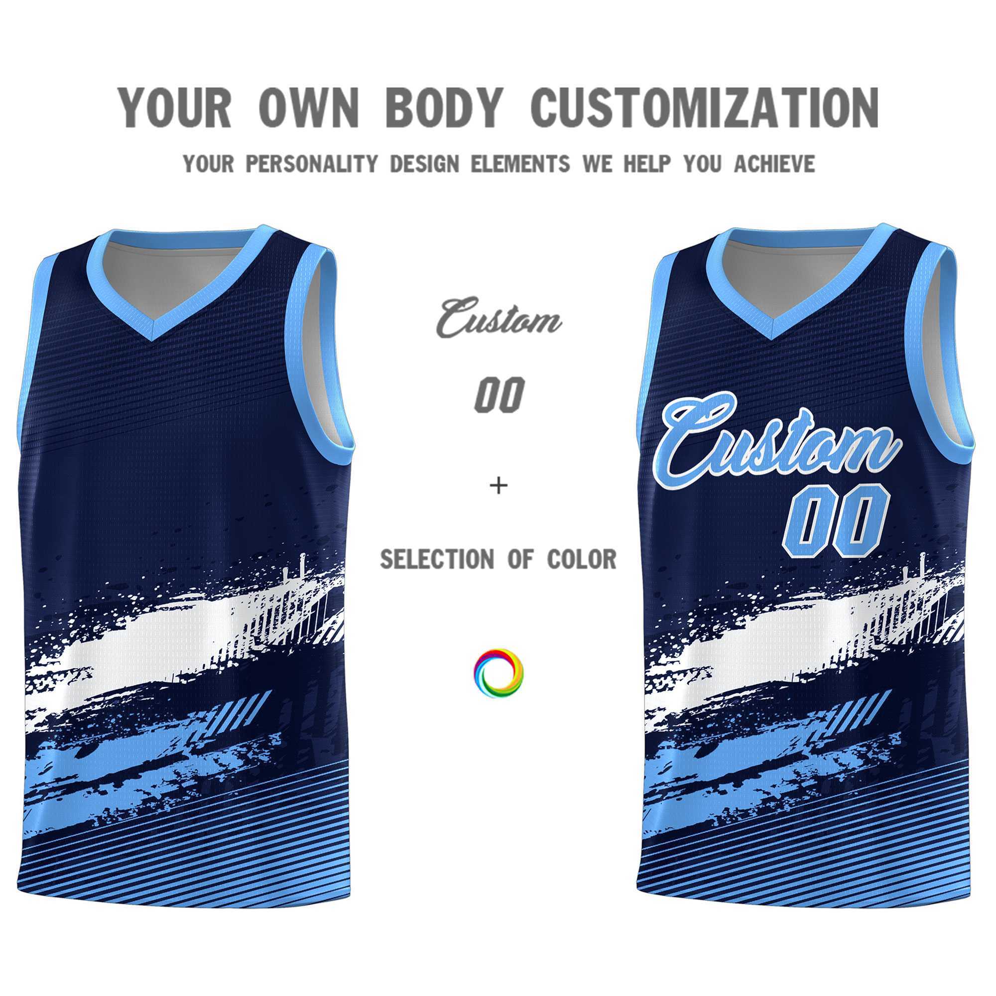 Custom Navy White and Powder Blue Graffiti Pattern Sports Uniform Basketball Jersey