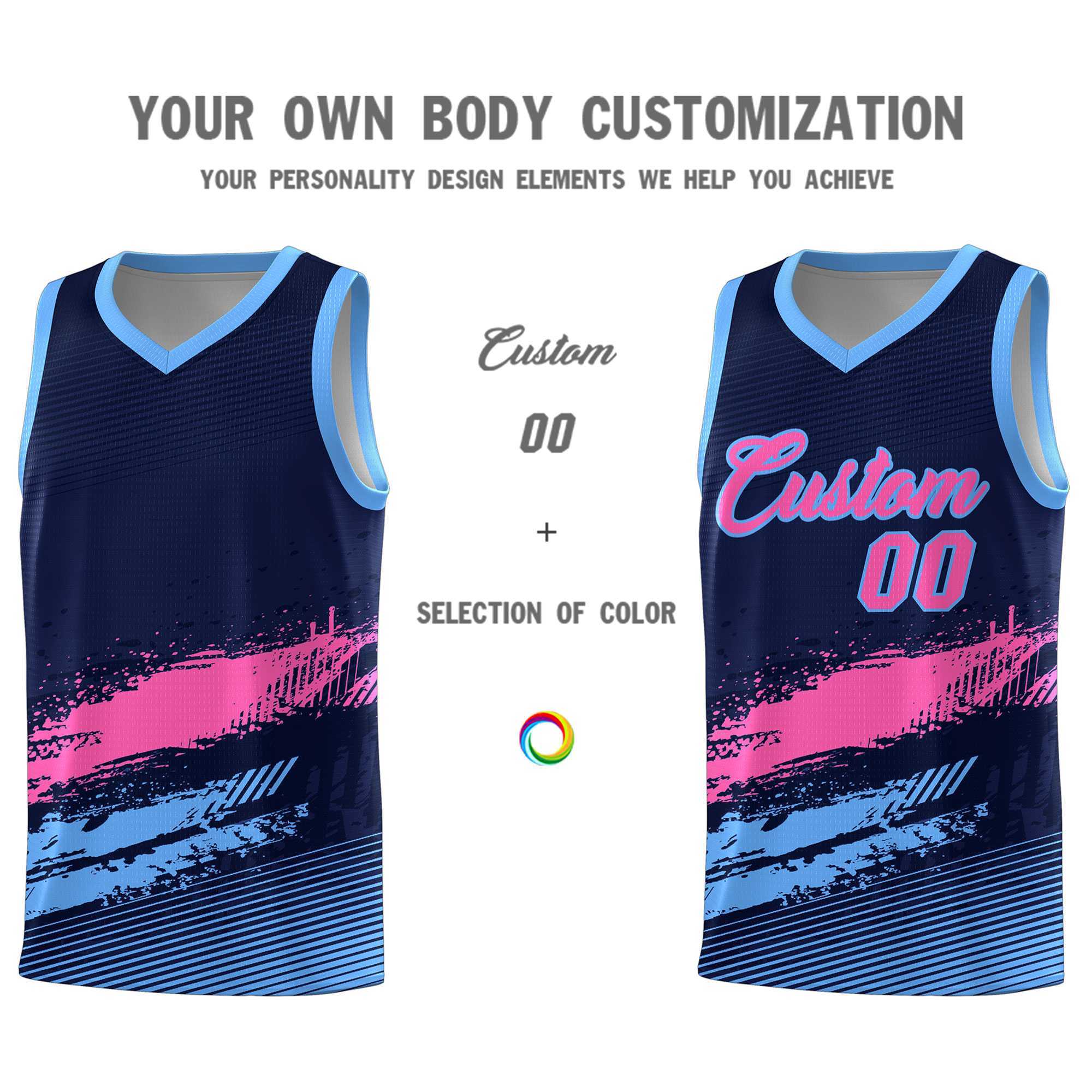 Custom Navy Pink and Powder Blue Graffiti Pattern Sports Uniform Basketball Jersey