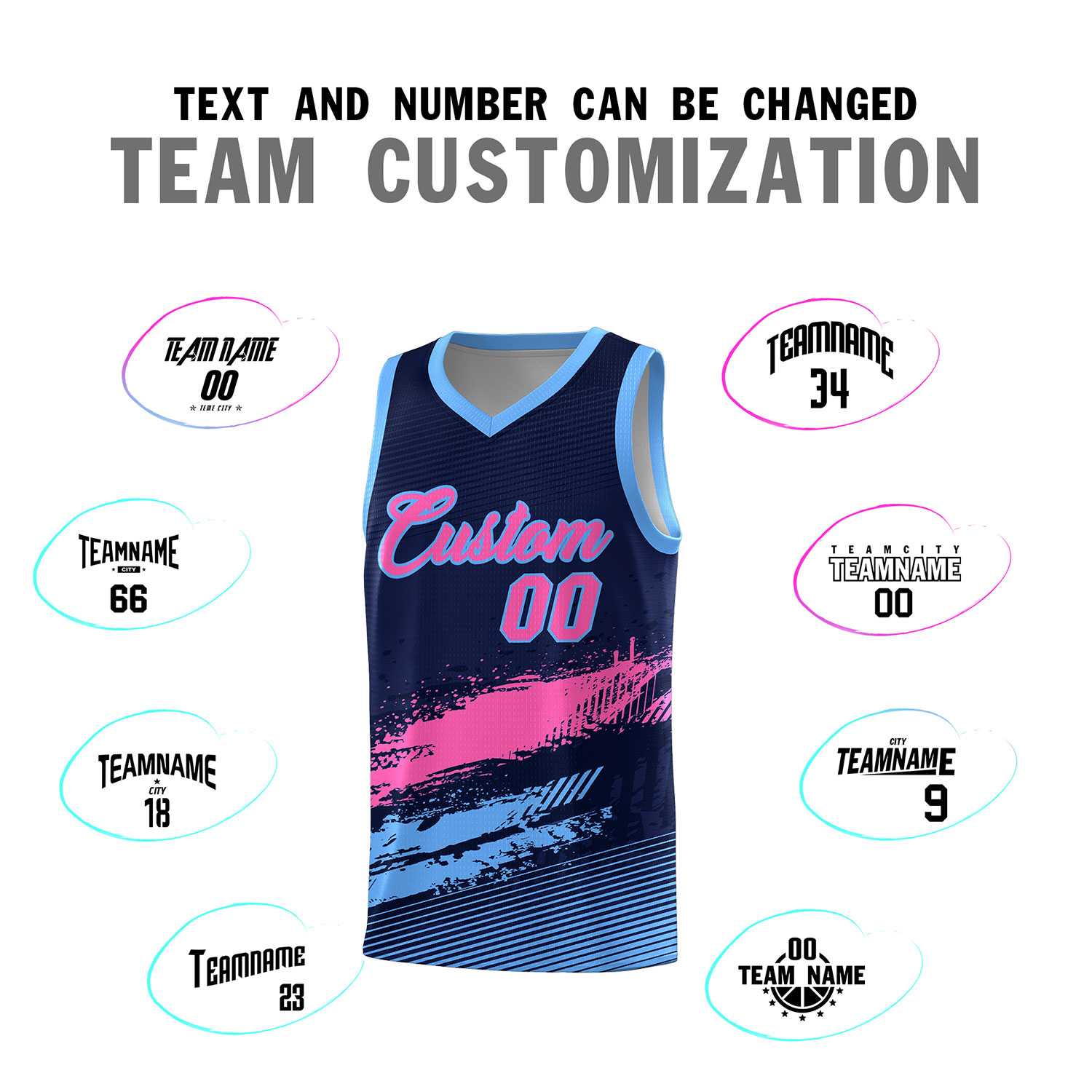 Custom Navy Pink and Powder Blue Graffiti Pattern Sports Uniform Basketball Jersey