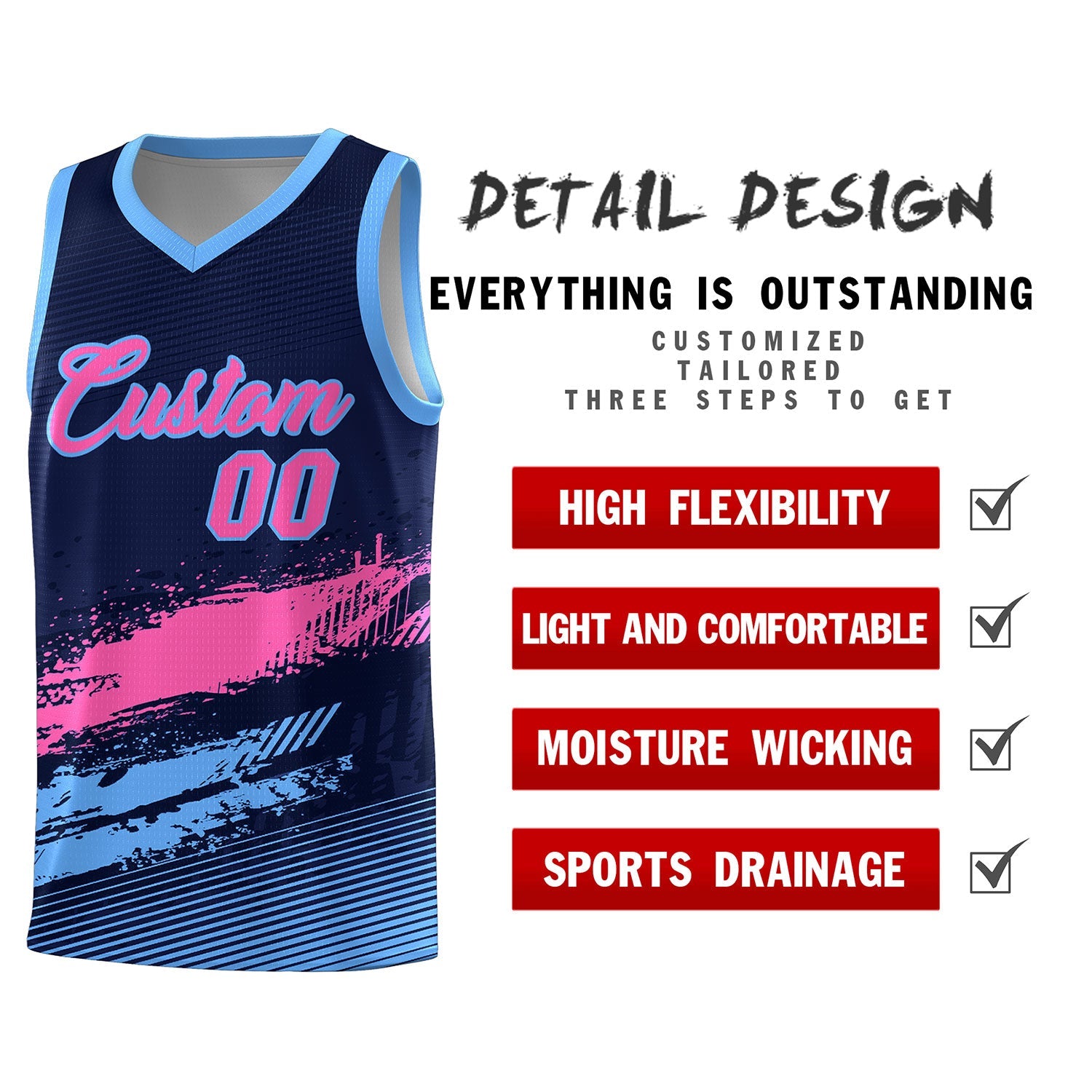 Custom Navy Pink and Powder Blue Graffiti Pattern Sports Uniform Basketball Jersey