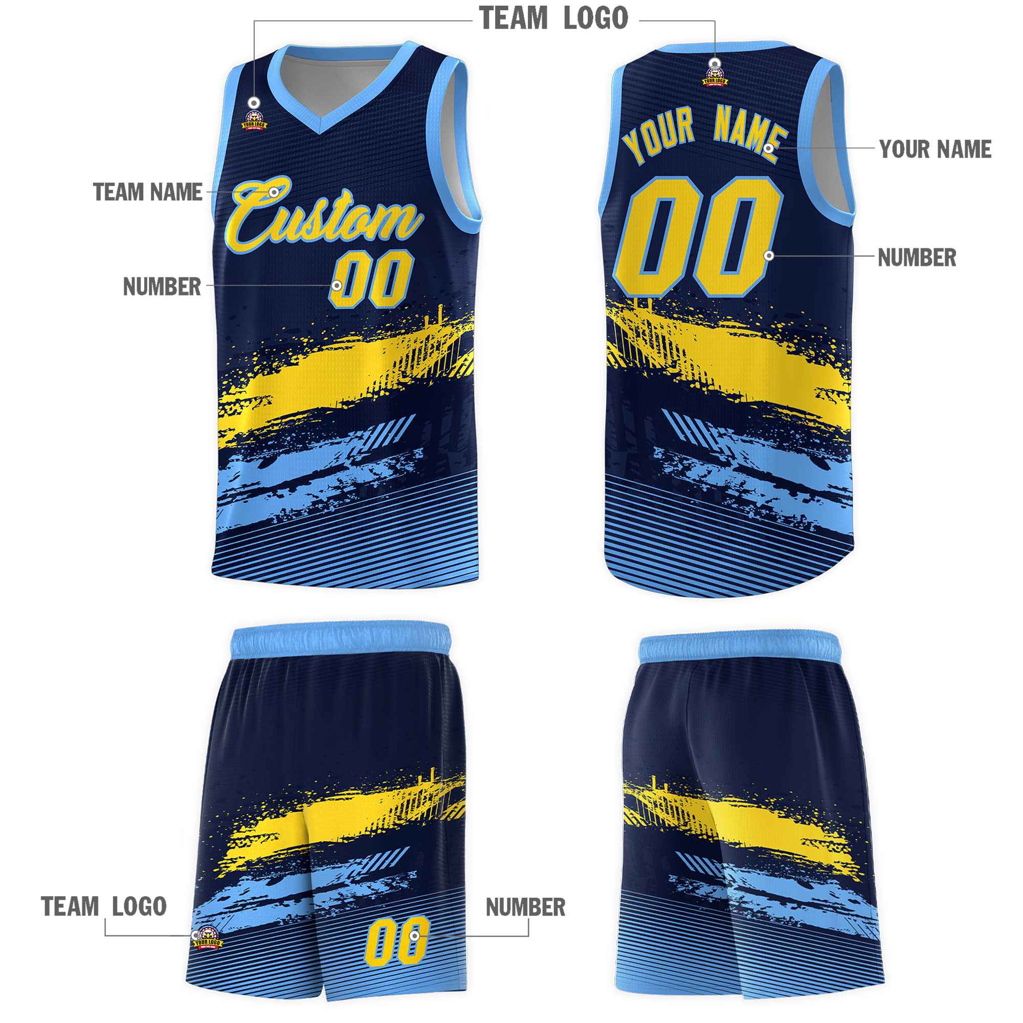 Custom Navy Gold and Powder Blue Graffiti Pattern Sports Uniform Basketball Jersey