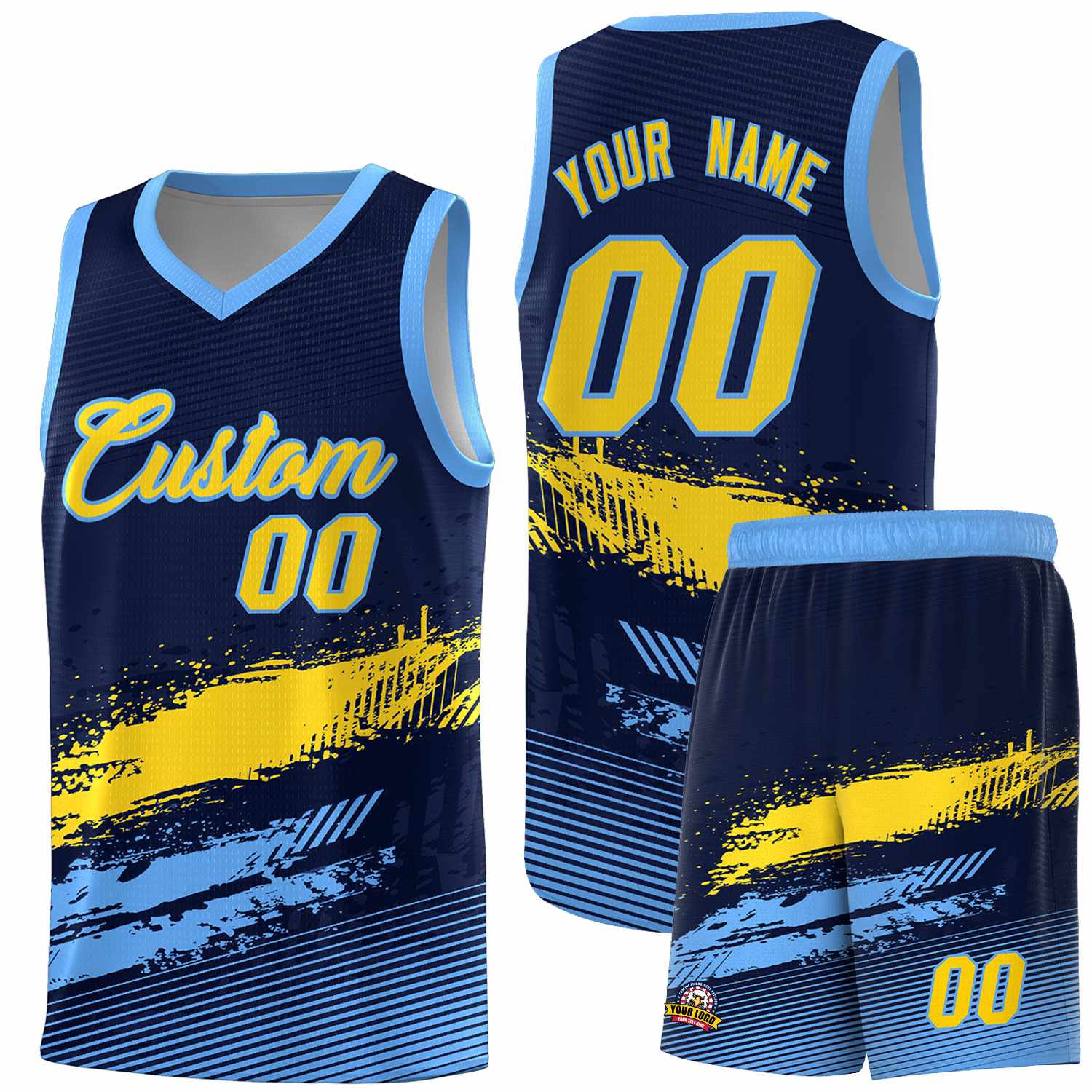 Custom Navy Gold and Powder Blue Graffiti Pattern Sports Uniform Basketball Jersey