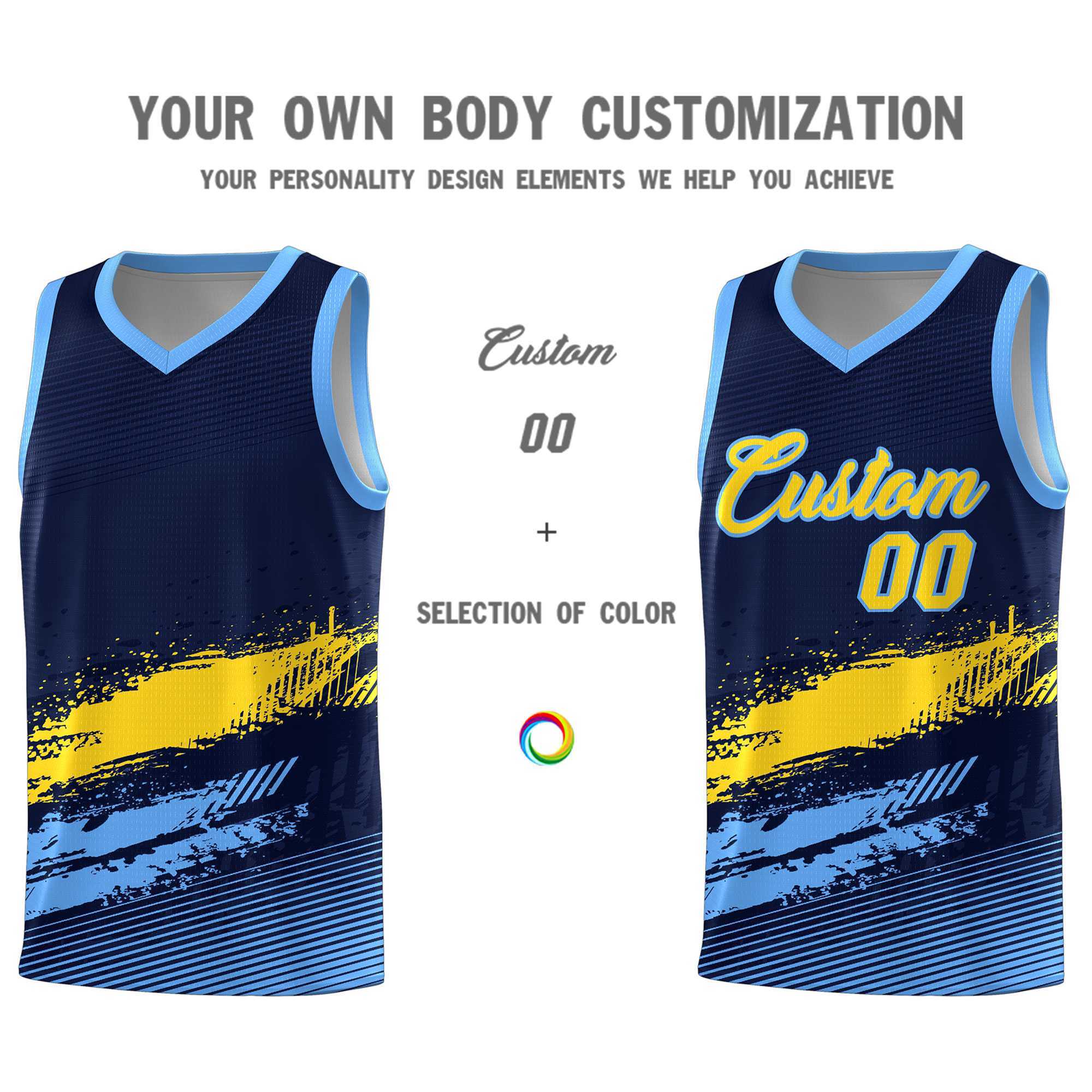 Custom Navy Gold and Powder Blue Graffiti Pattern Sports Uniform Basketball Jersey