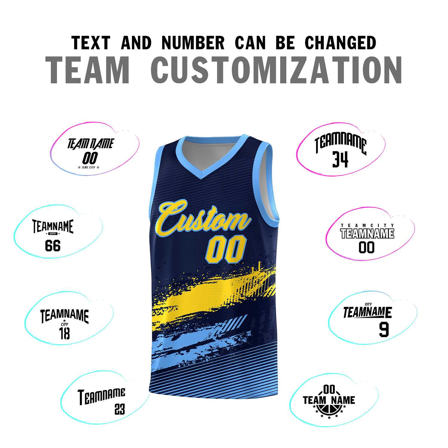 Custom Navy Gold and Powder Blue Graffiti Pattern Sports Uniform Basketball Jersey