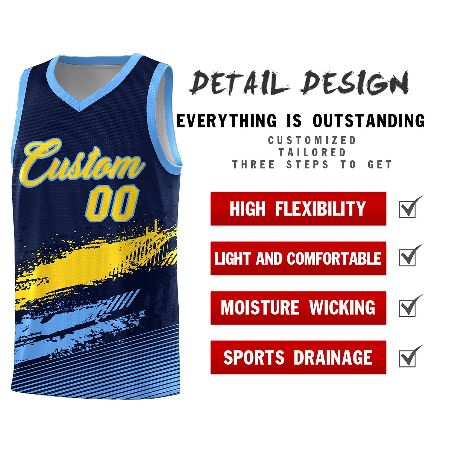 Custom Navy Gold and Powder Blue Graffiti Pattern Sports Uniform Basketball Jersey