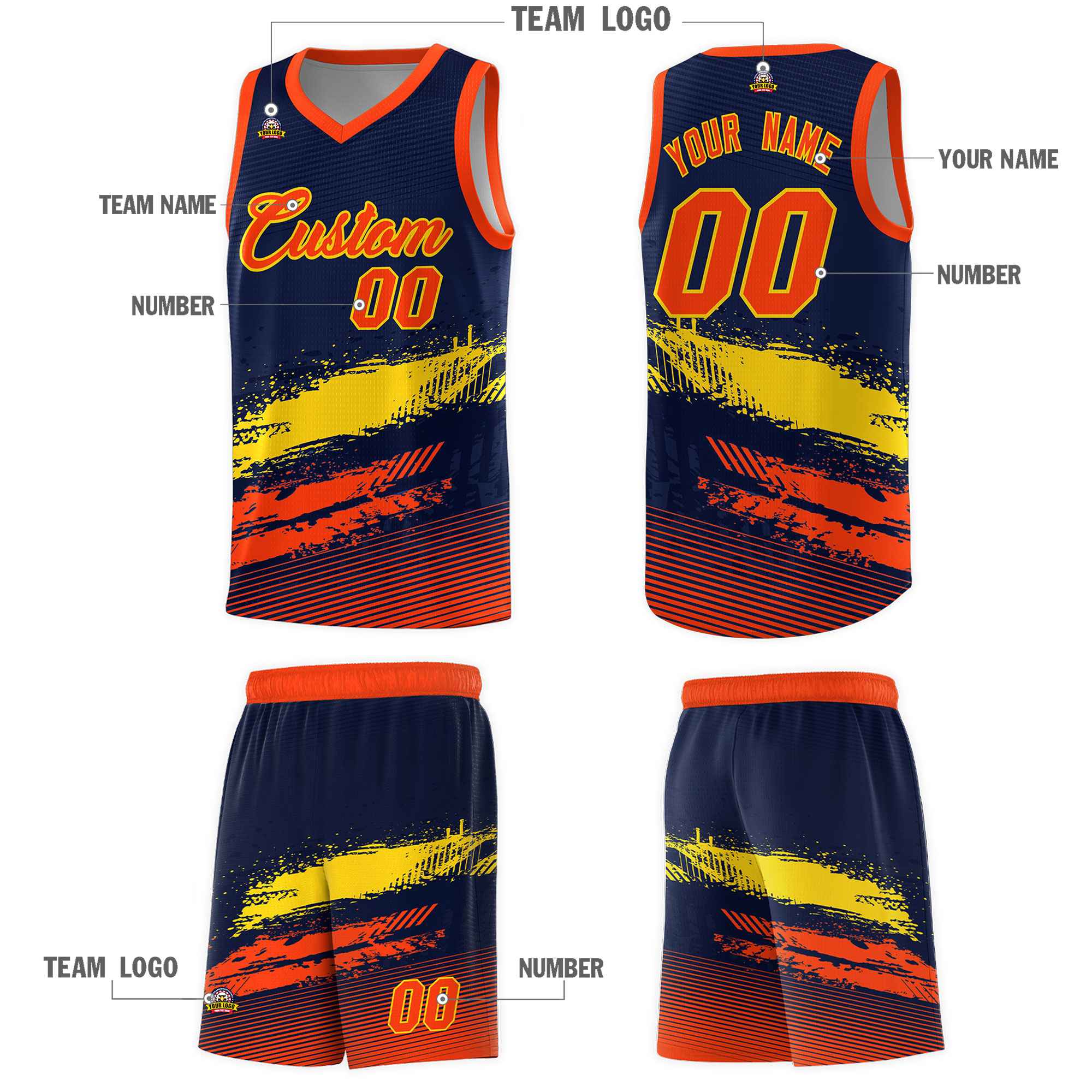 Custom Navy Gold and Orange Graffiti Pattern Sports Uniform Basketball Jersey