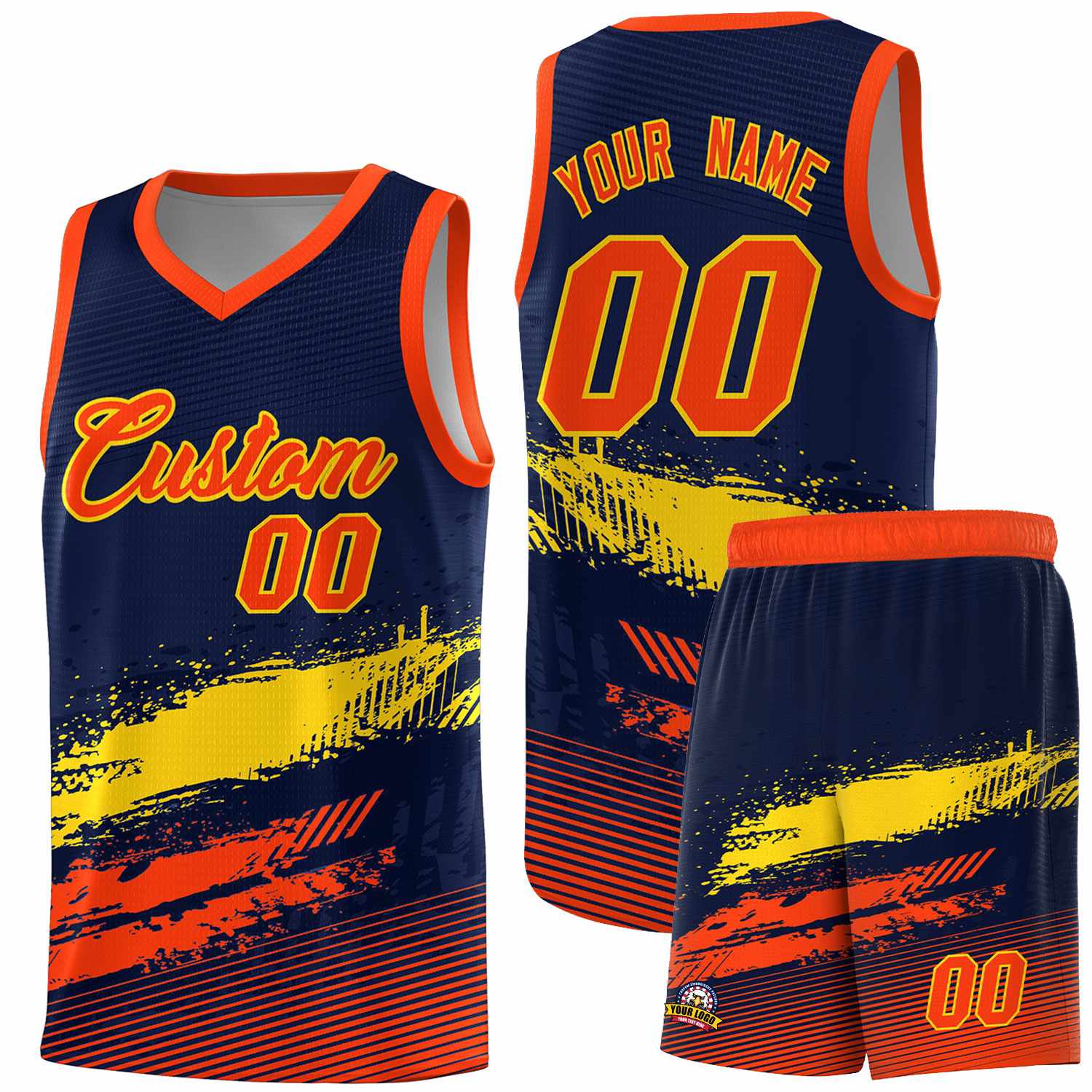 Custom Navy Gold and Orange Graffiti Pattern Sports Uniform Basketball Jersey