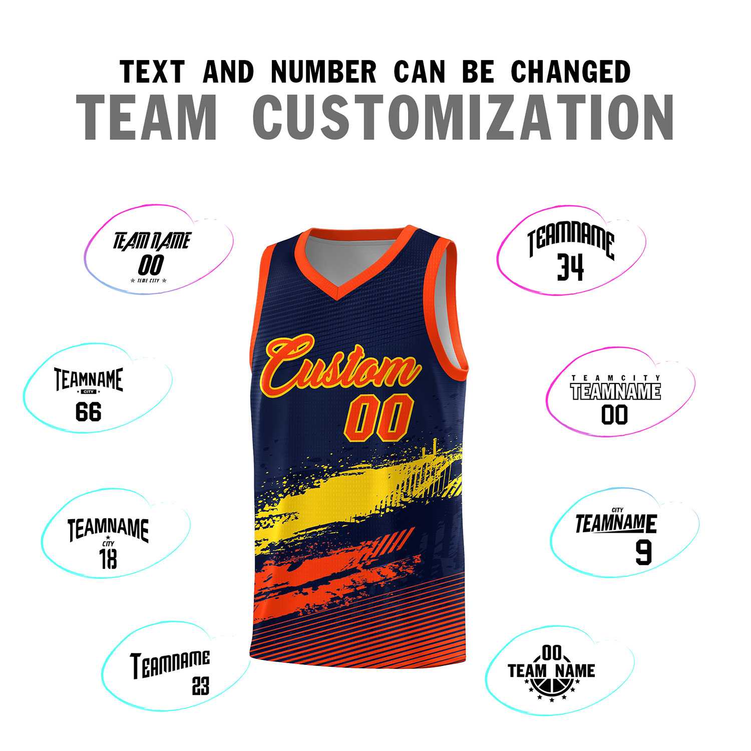 Custom Navy Gold and Orange Graffiti Pattern Sports Uniform Basketball Jersey