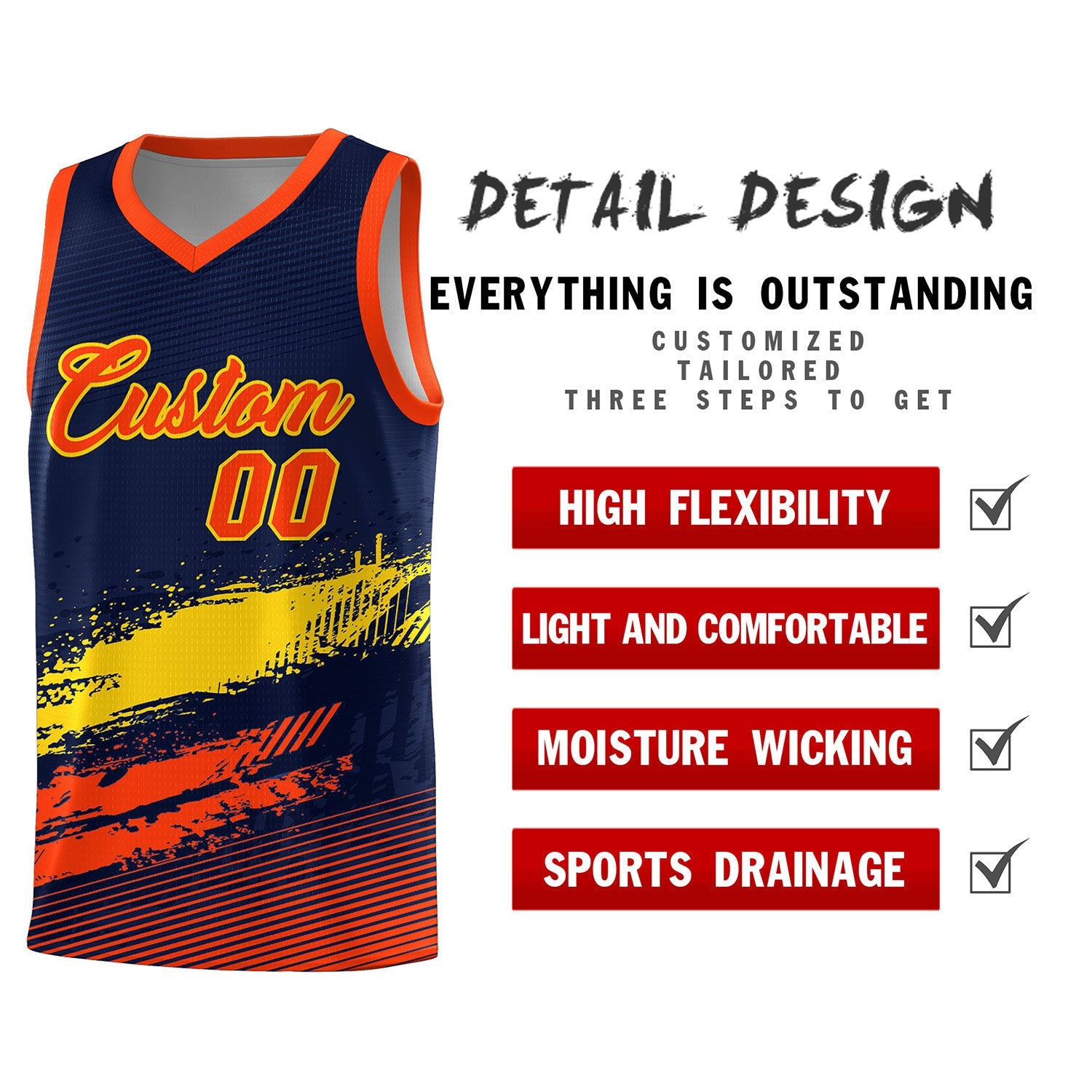 Custom Navy Gold and Orange Graffiti Pattern Sports Uniform Basketball Jersey