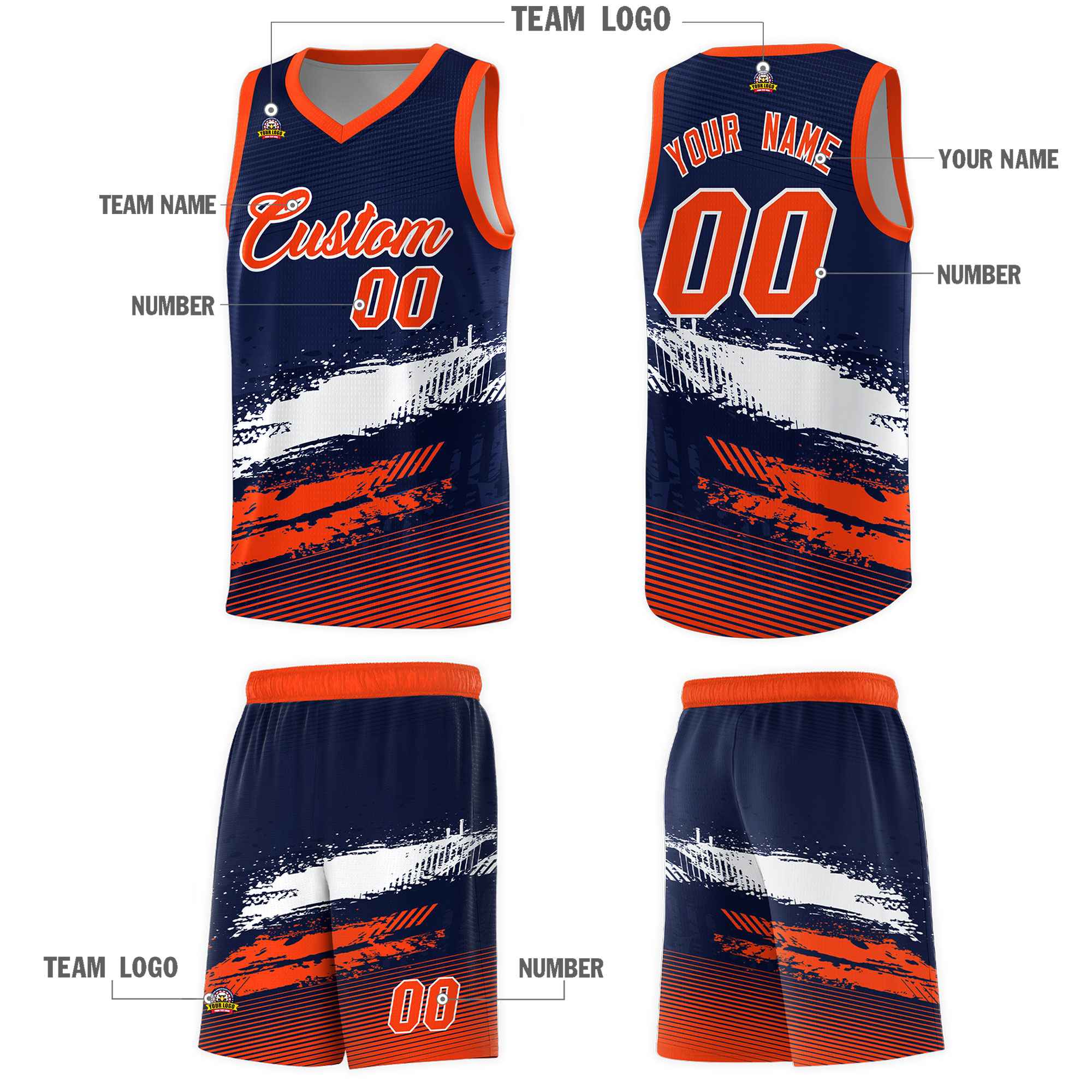 Custom Navy White and Orange Graffiti Pattern Sports Uniform Basketball Jersey