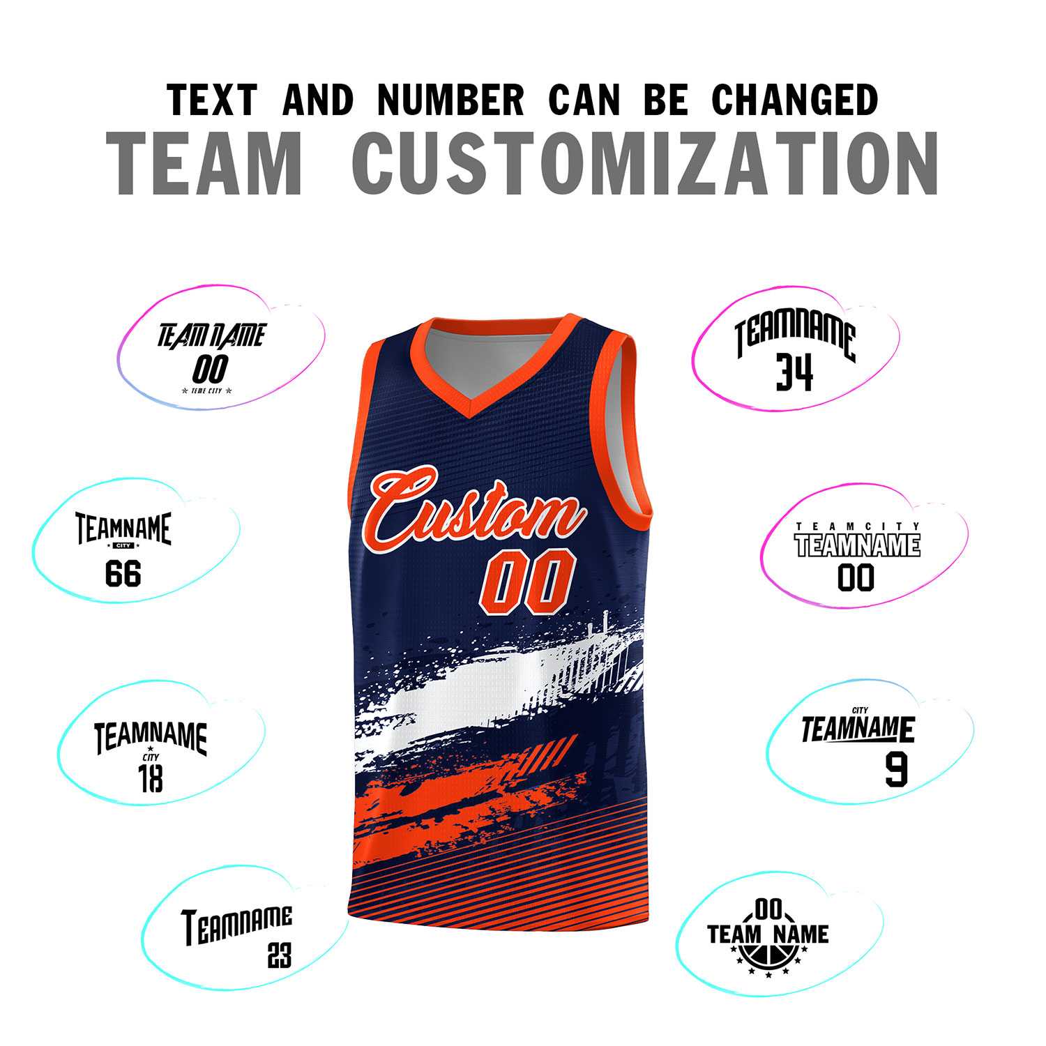 Custom Navy White and Orange Graffiti Pattern Sports Uniform Basketball Jersey