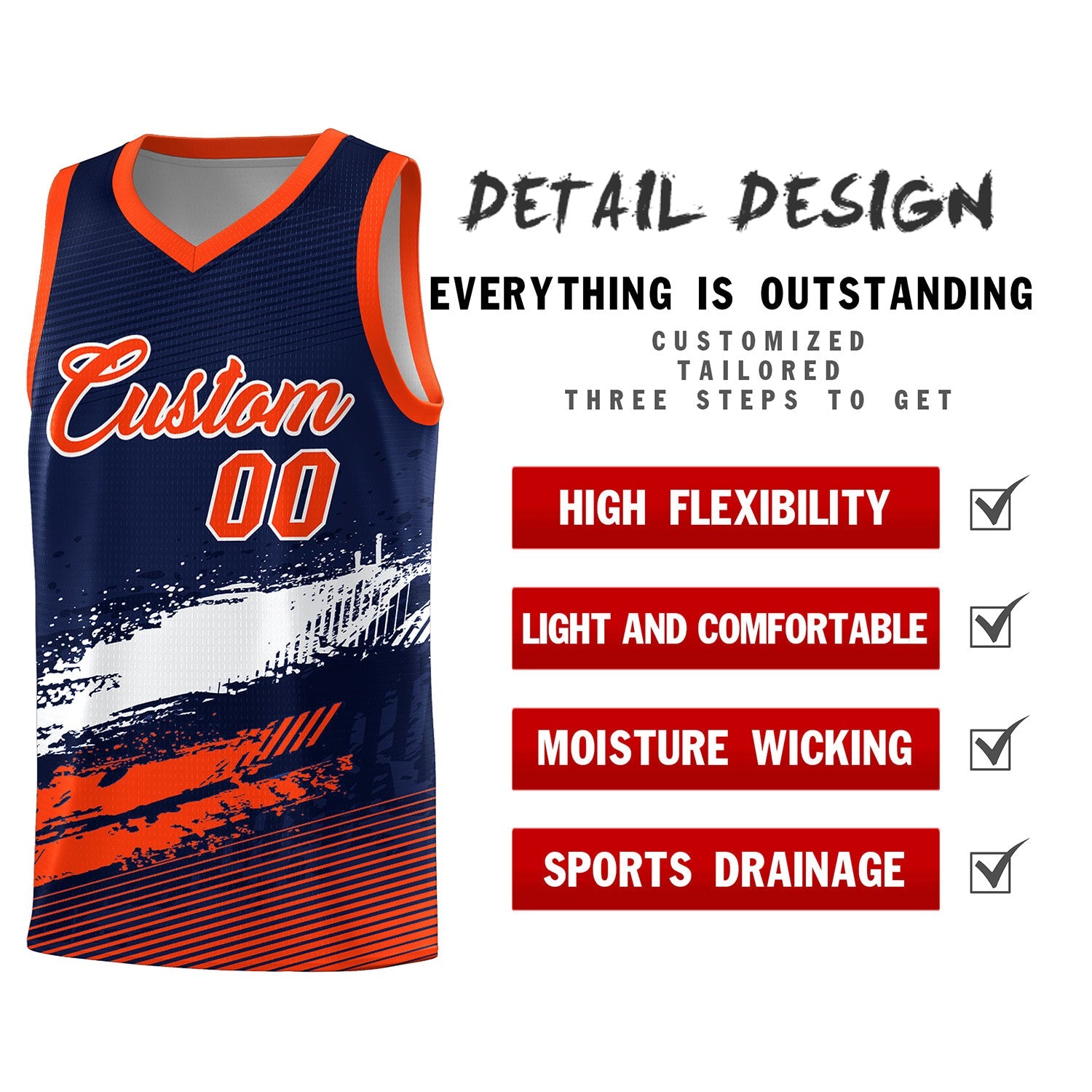 Custom Navy White and Orange Graffiti Pattern Sports Uniform Basketball Jersey