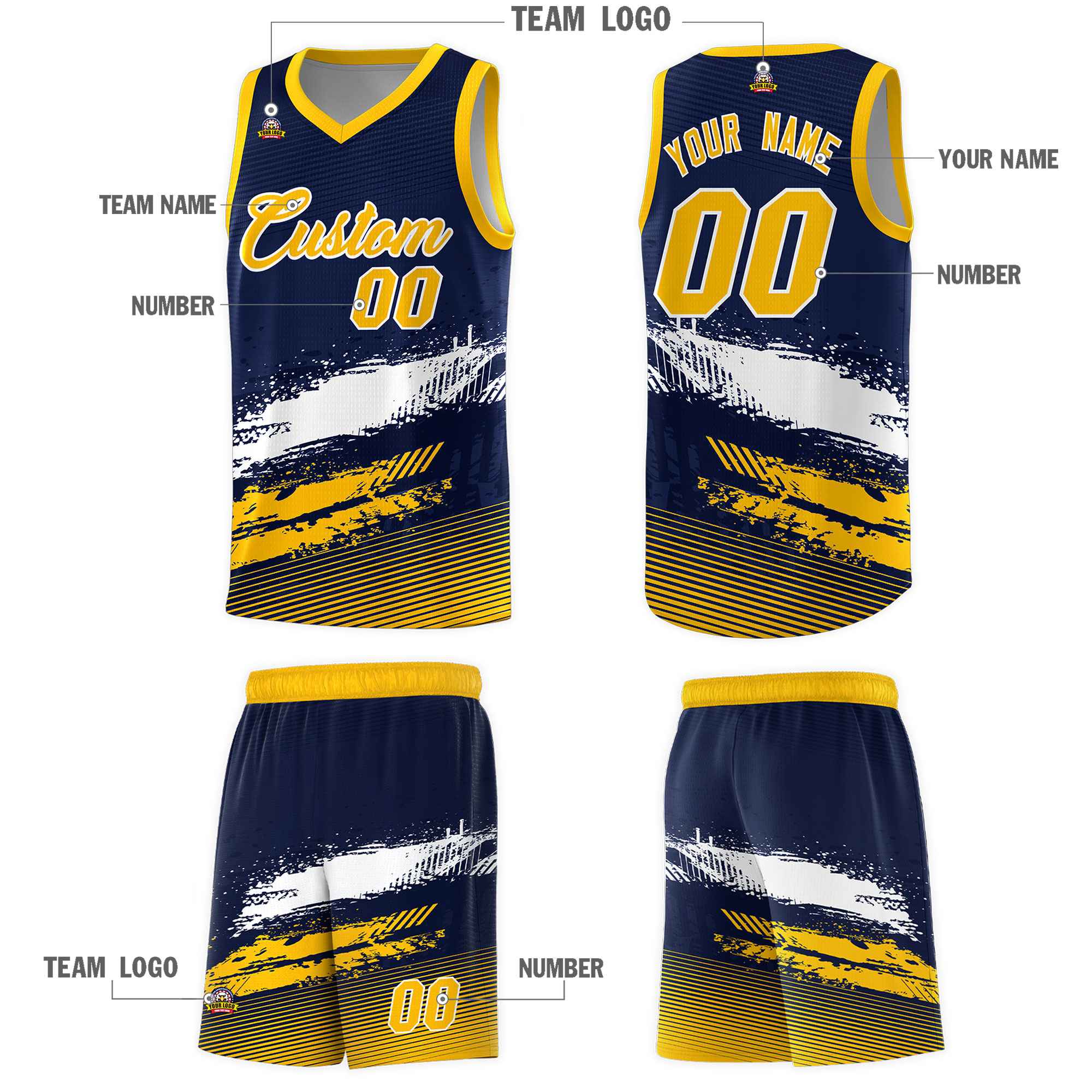 Custom Navy White and Yellow Graffiti Pattern Sports Uniform Basketball Jersey