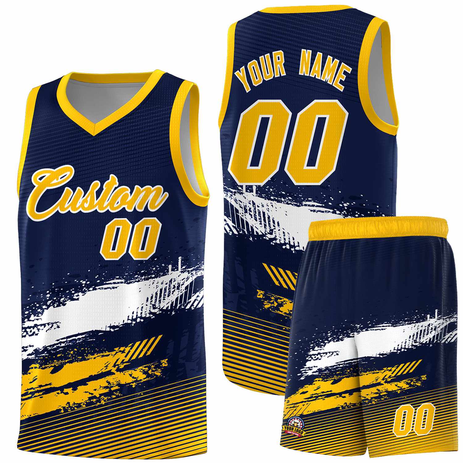 Custom Navy White and Yellow Graffiti Pattern Sports Uniform Basketball Jersey