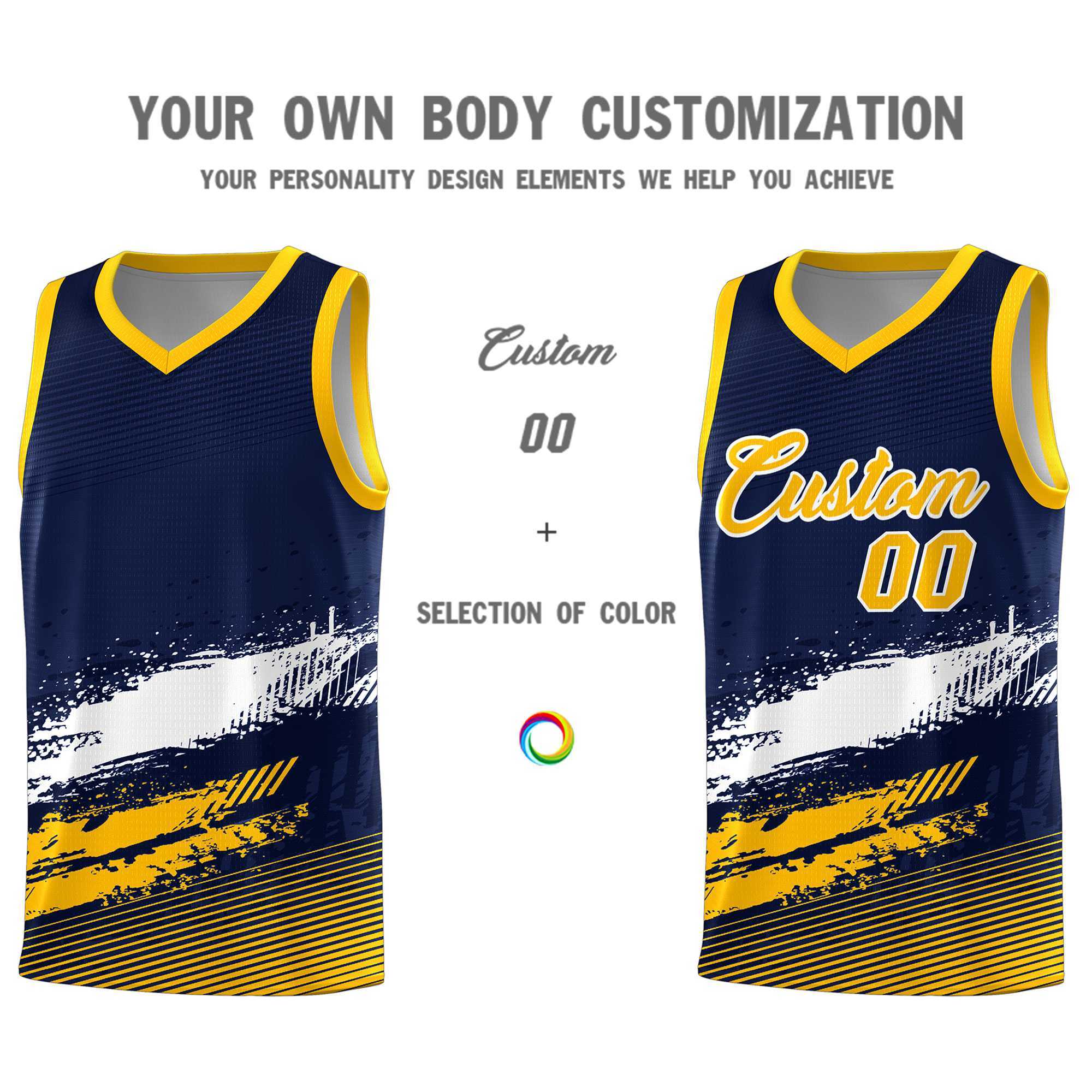 Custom Navy White and Yellow Graffiti Pattern Sports Uniform Basketball Jersey