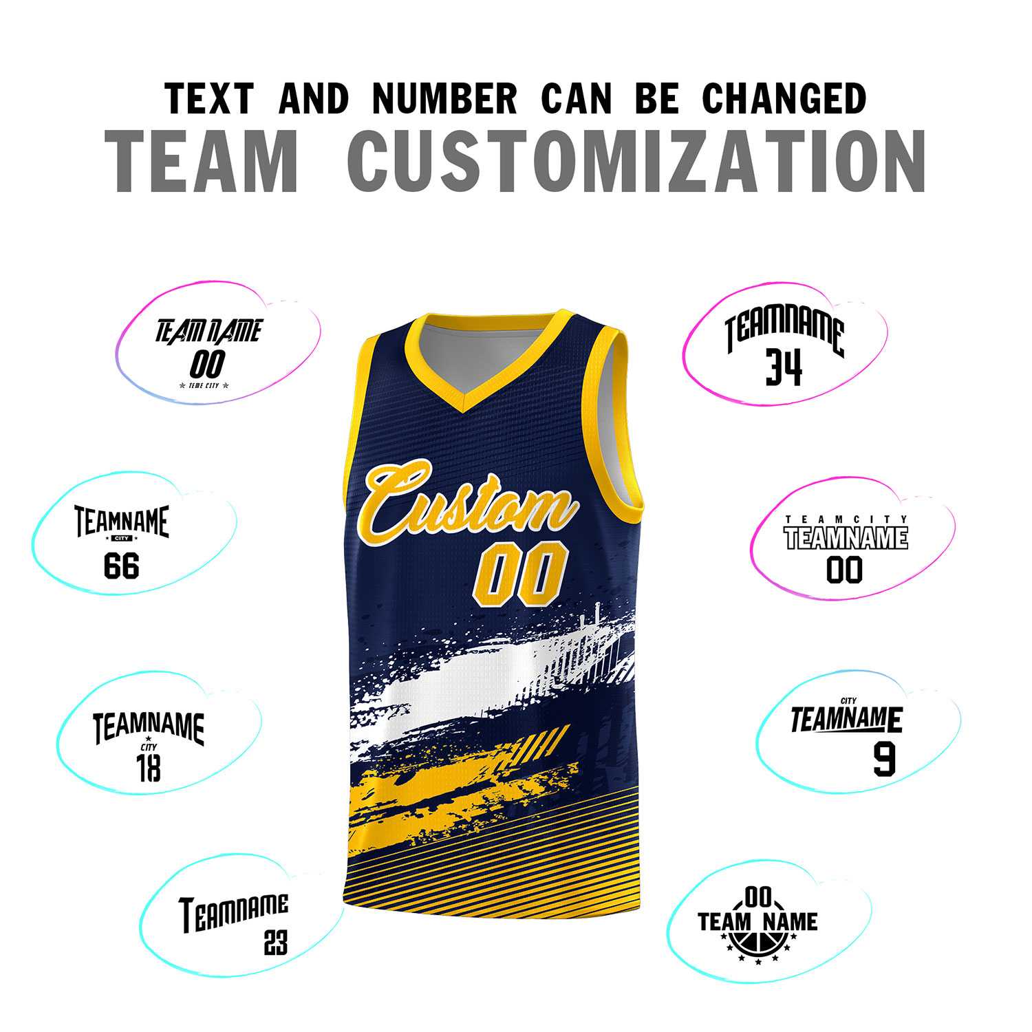 Custom Navy White and Yellow Graffiti Pattern Sports Uniform Basketball Jersey