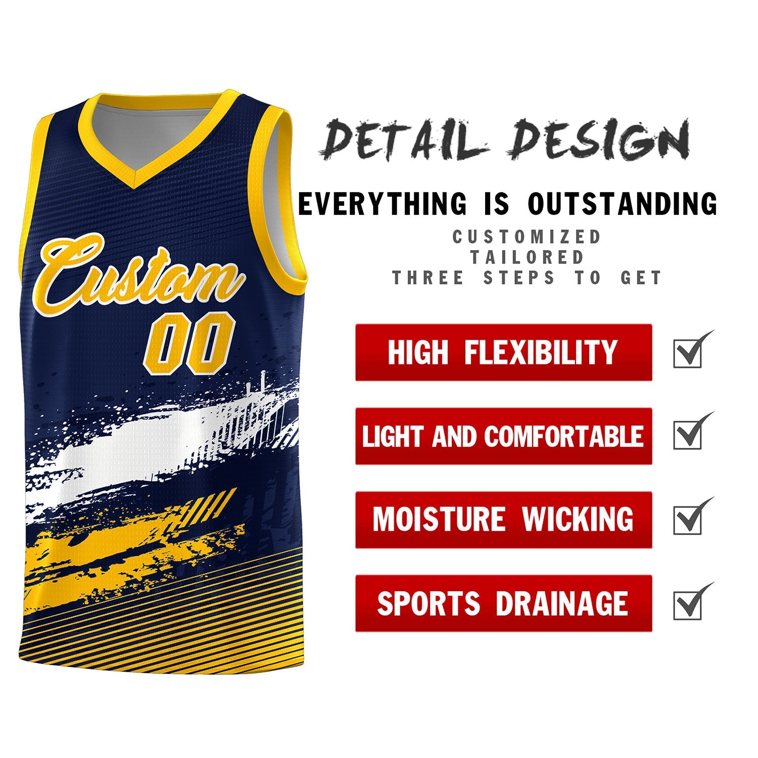 Custom Navy White and Yellow Graffiti Pattern Sports Uniform Basketball Jersey