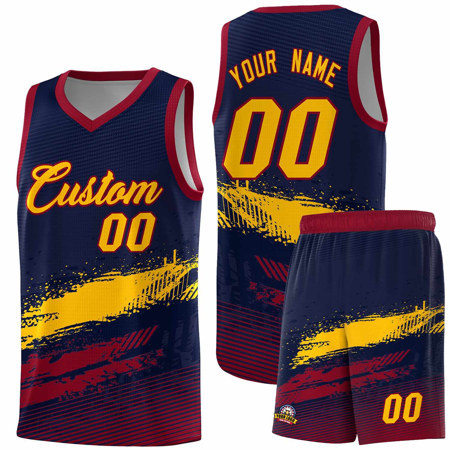 Custom Navy Yellow and Crimson Graffiti Pattern Sports Uniform Basketball Jersey