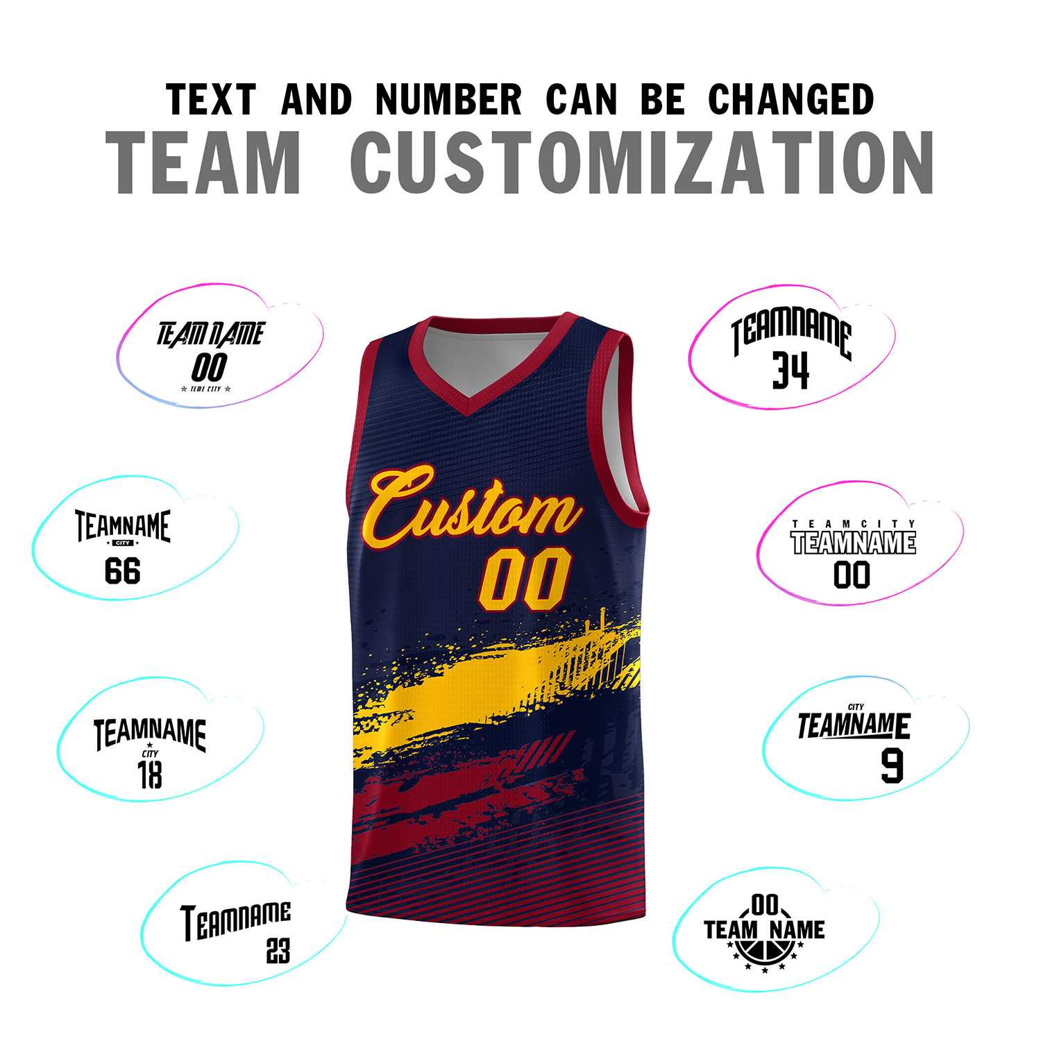 Custom Navy Yellow and Crimson Graffiti Pattern Sports Uniform Basketball Jersey