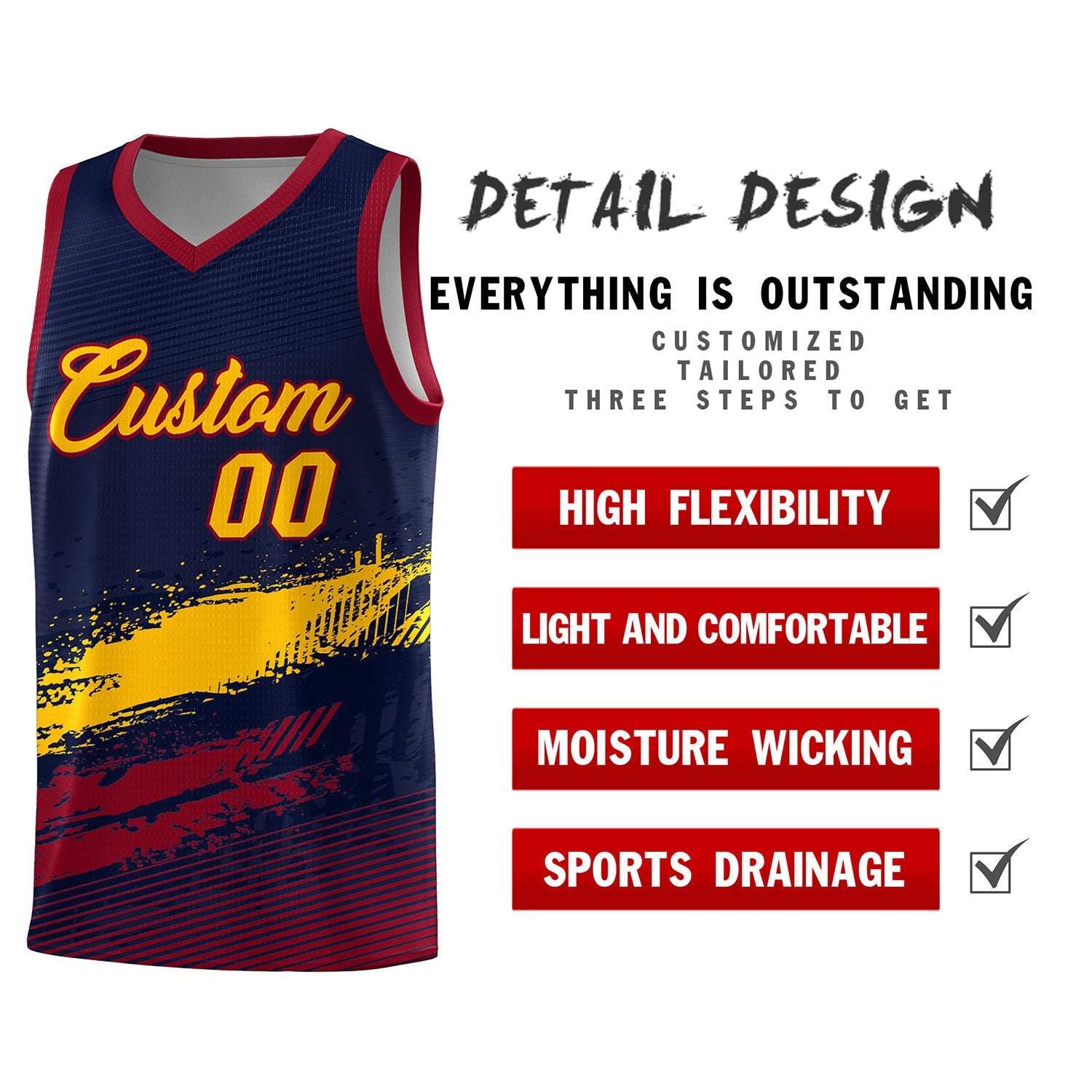 Custom Navy Yellow and Crimson Graffiti Pattern Sports Uniform Basketball Jersey