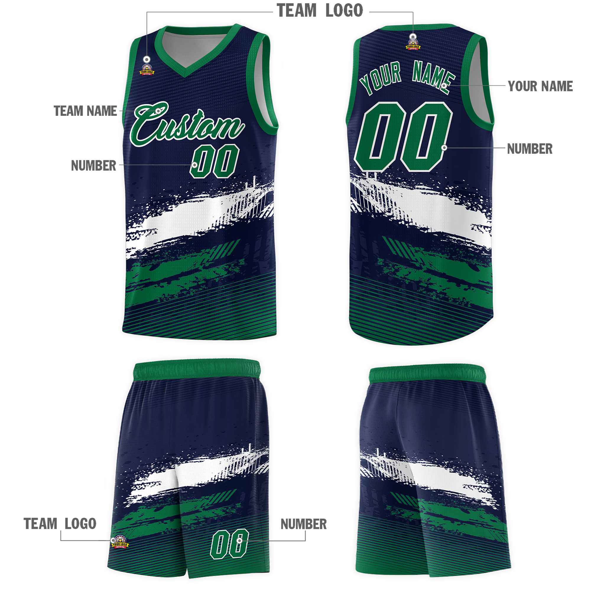 Custom Navy White and Kelly Green Graffiti Pattern Sports Uniform Basketball Jersey