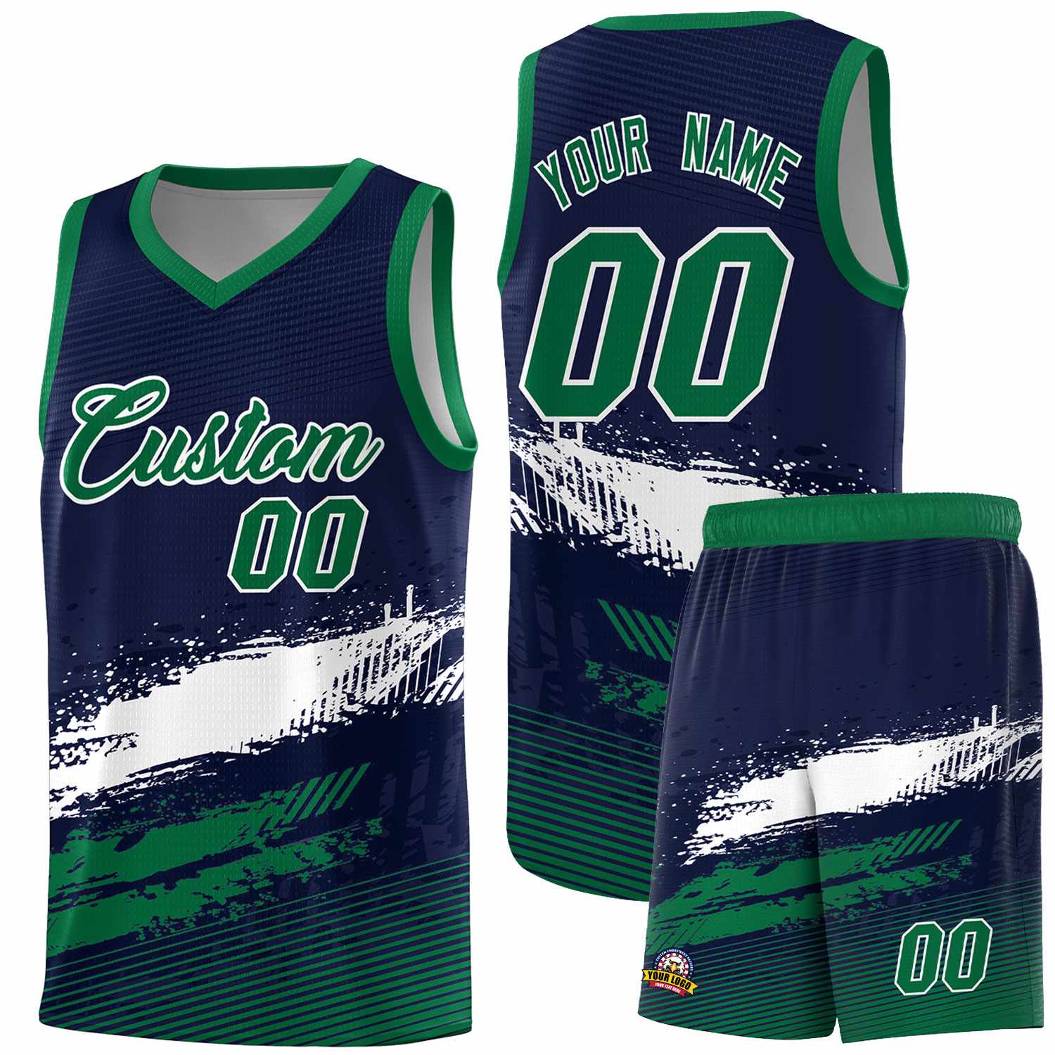 Custom Navy White and Kelly Green Graffiti Pattern Sports Uniform Basketball Jersey