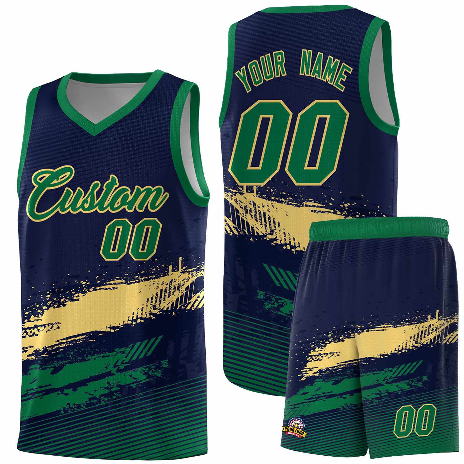 Custom Navy Khaki and Kelly Green Graffiti Pattern Sports Uniform Basketball Jersey