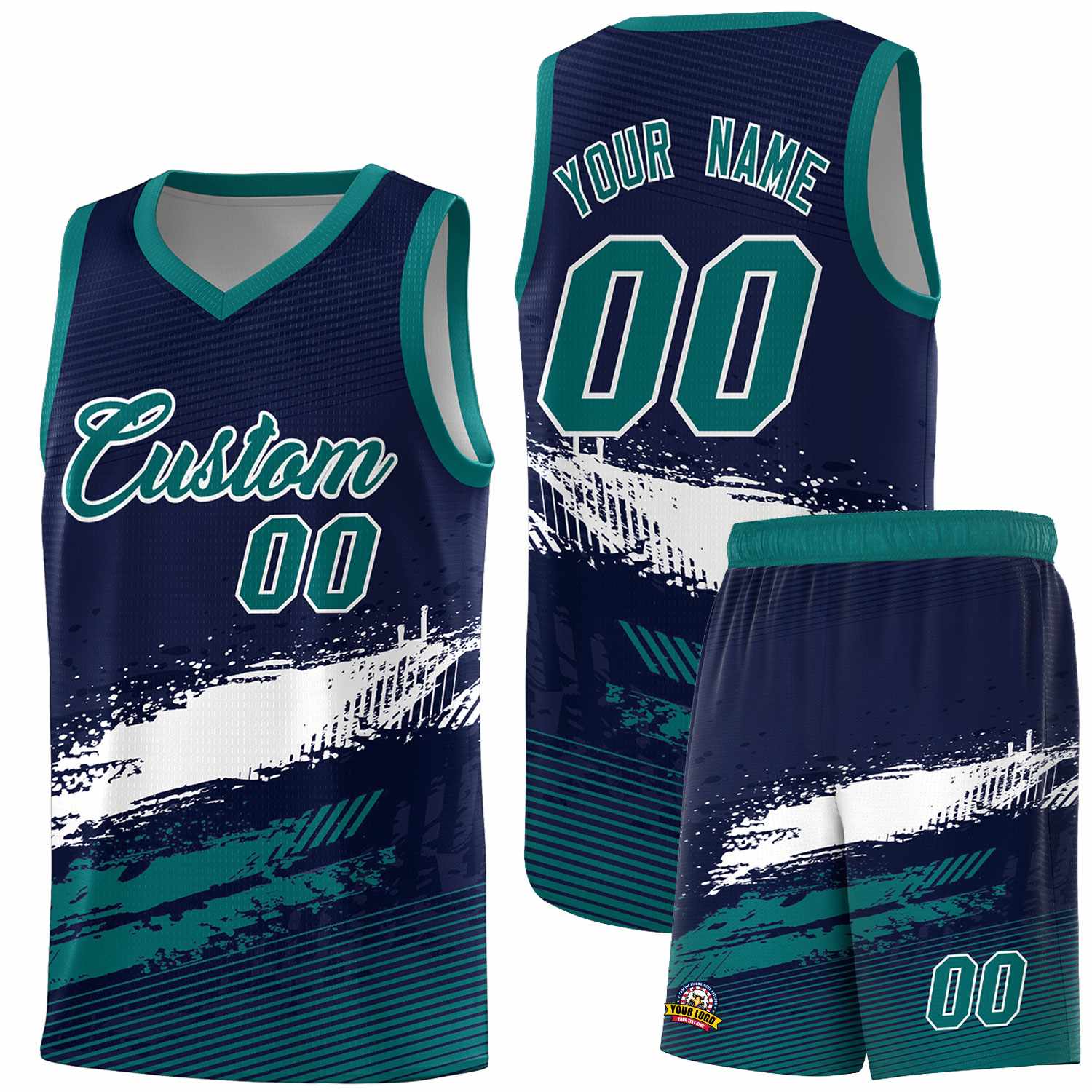 Custom Navy White and Aqua Graffiti Pattern Sports Uniform Basketball Jersey