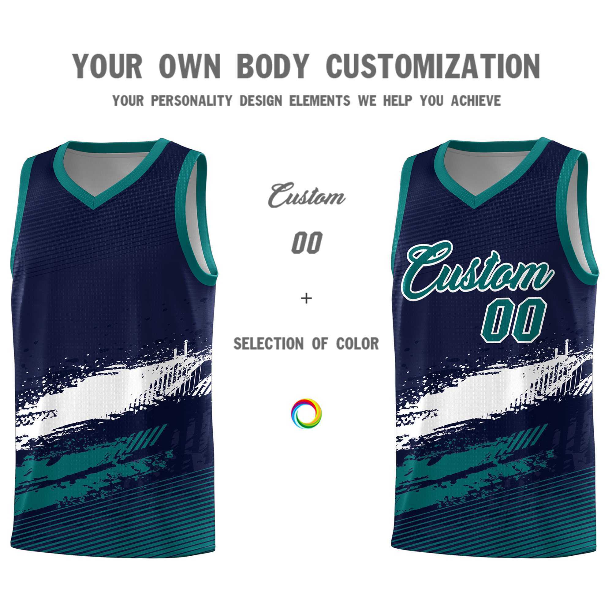 Custom Navy White and Aqua Graffiti Pattern Sports Uniform Basketball Jersey