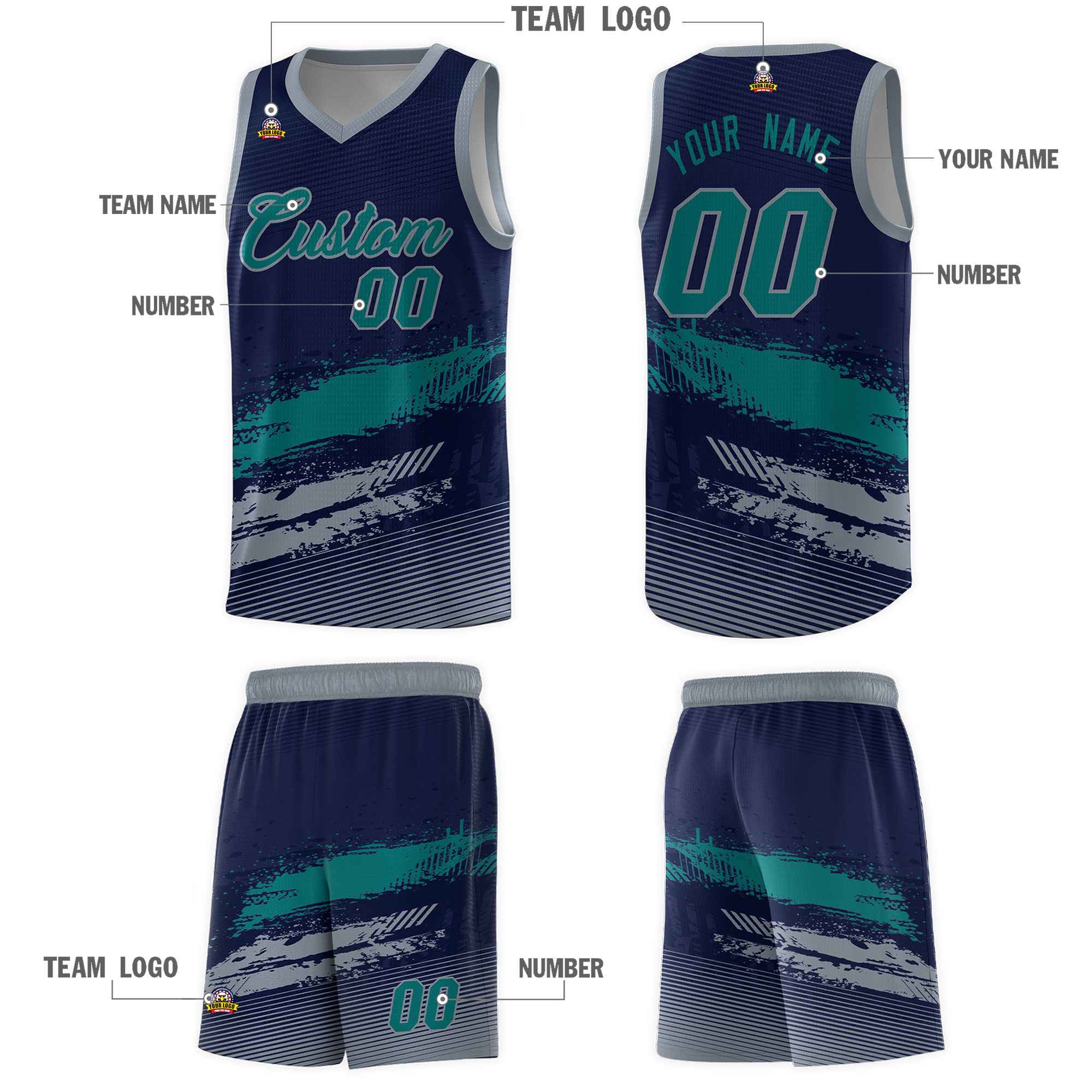 Custom Navy Aqua and Gray Graffiti Pattern Sports Uniform Basketball Jersey