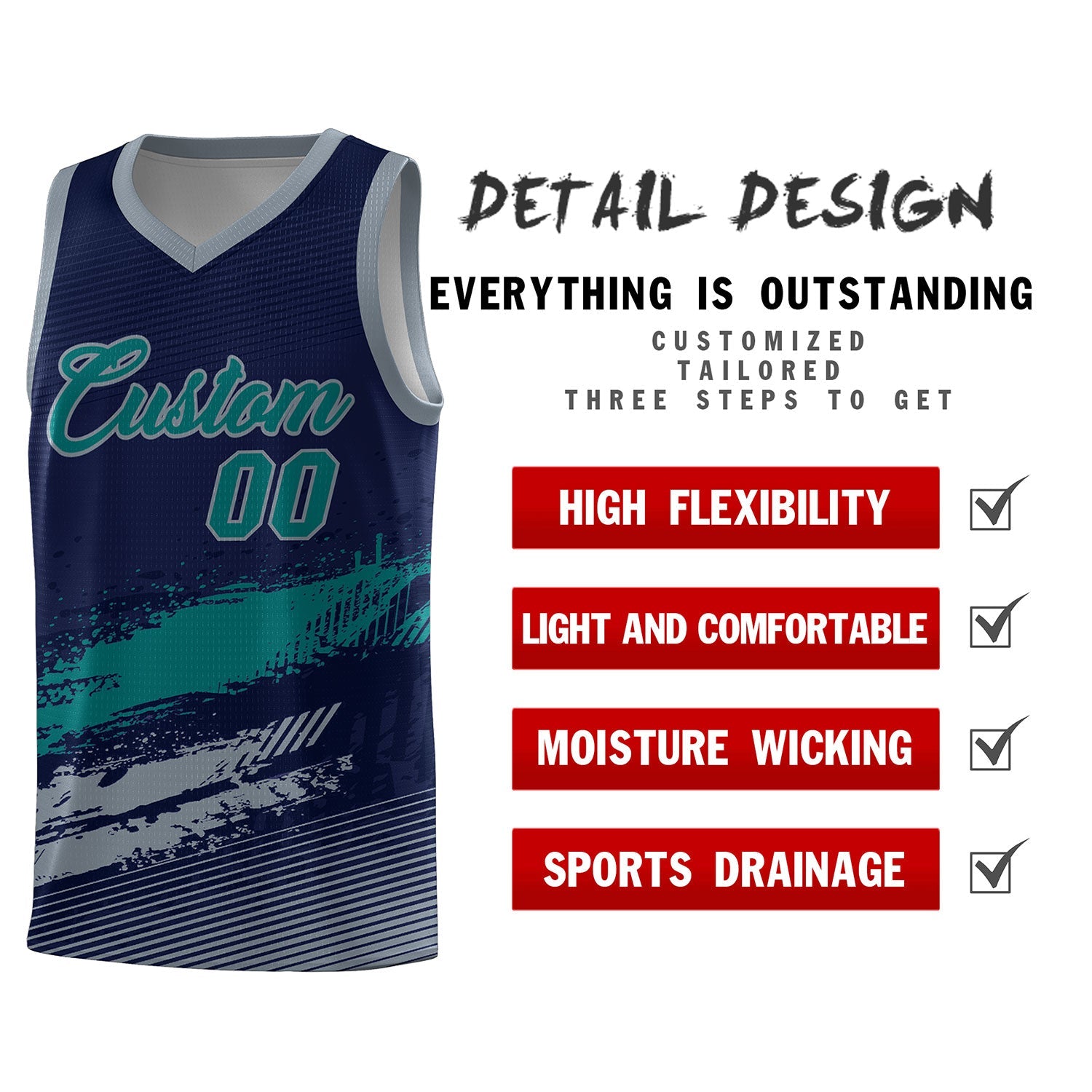 Custom Navy Aqua and Gray Graffiti Pattern Sports Uniform Basketball Jersey