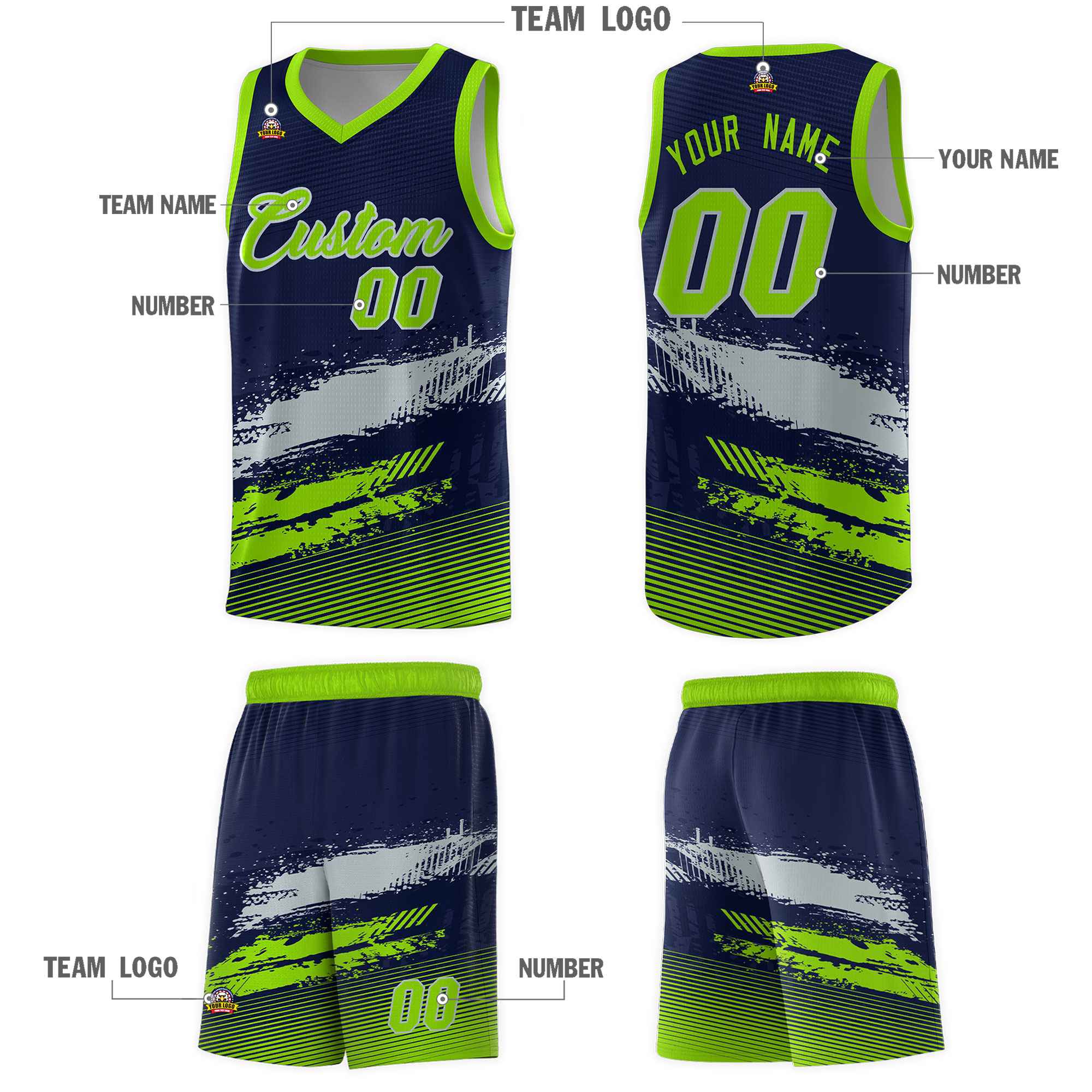 Custom Navy Gray and Neon Green Graffiti Pattern Sports Uniform Basketball Jersey