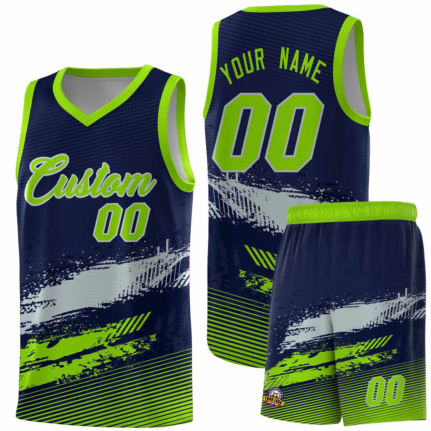 Custom Navy Gray and Neon Green Graffiti Pattern Sports Uniform Basketball Jersey