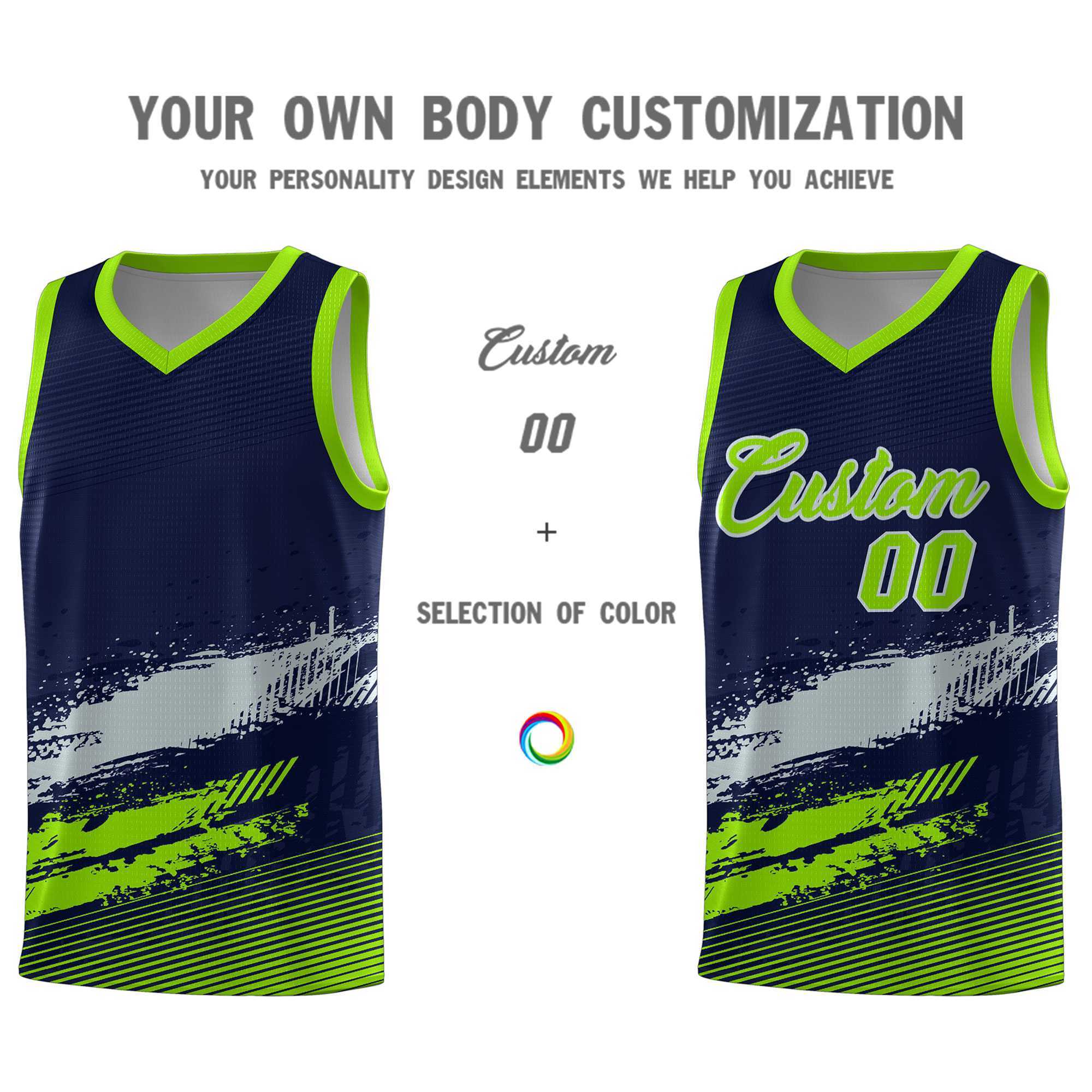 Custom Navy Gray and Neon Green Graffiti Pattern Sports Uniform Basketball Jersey