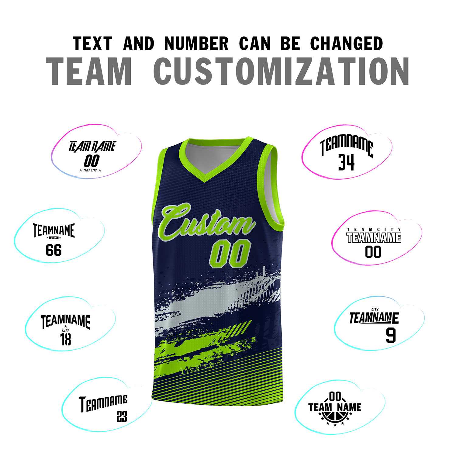 Custom Navy Gray and Neon Green Graffiti Pattern Sports Uniform Basketball Jersey