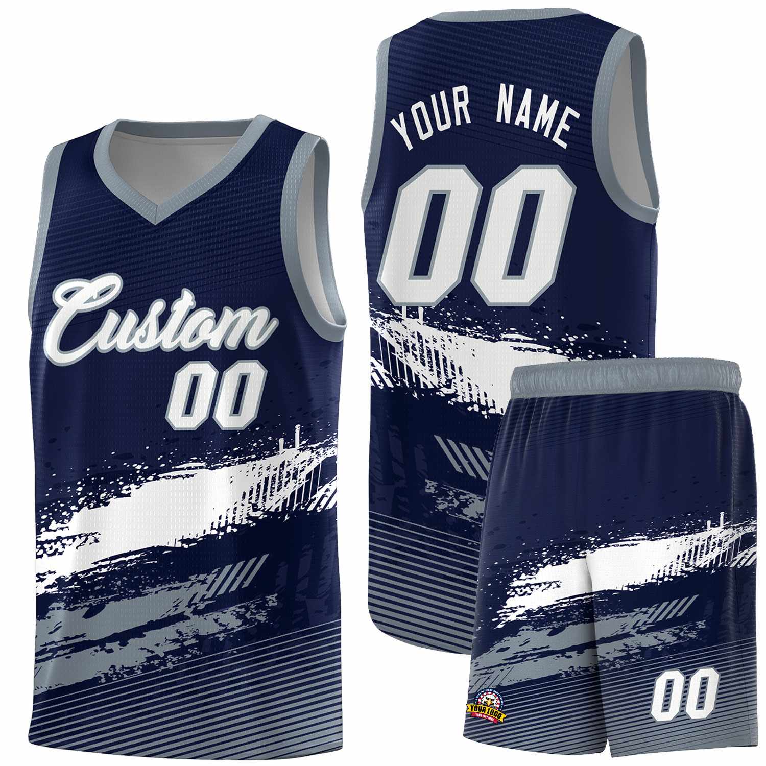 Custom Navy White and Gray Graffiti Pattern Sports Uniform Basketball Jersey