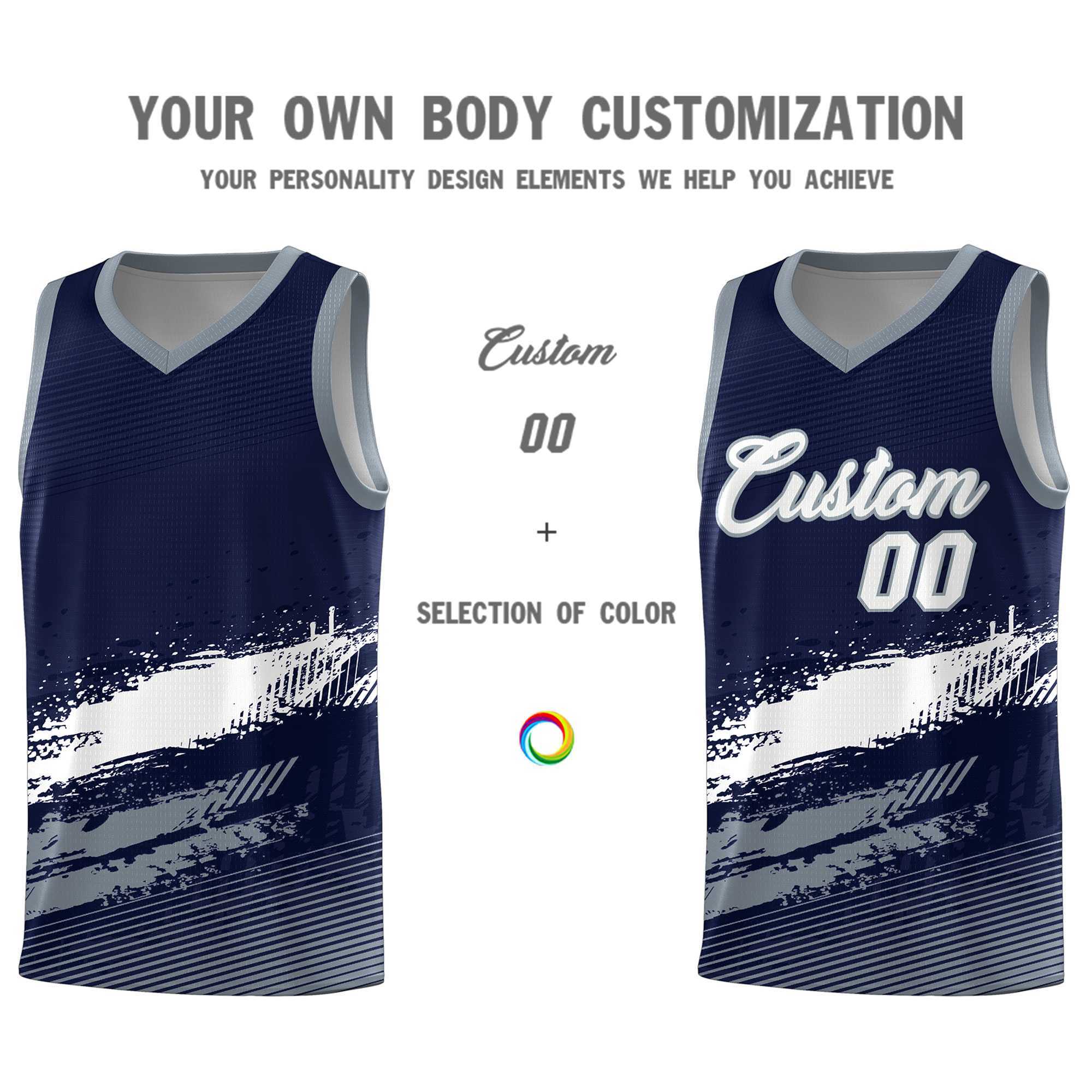 Custom Navy White and Gray Graffiti Pattern Sports Uniform Basketball Jersey