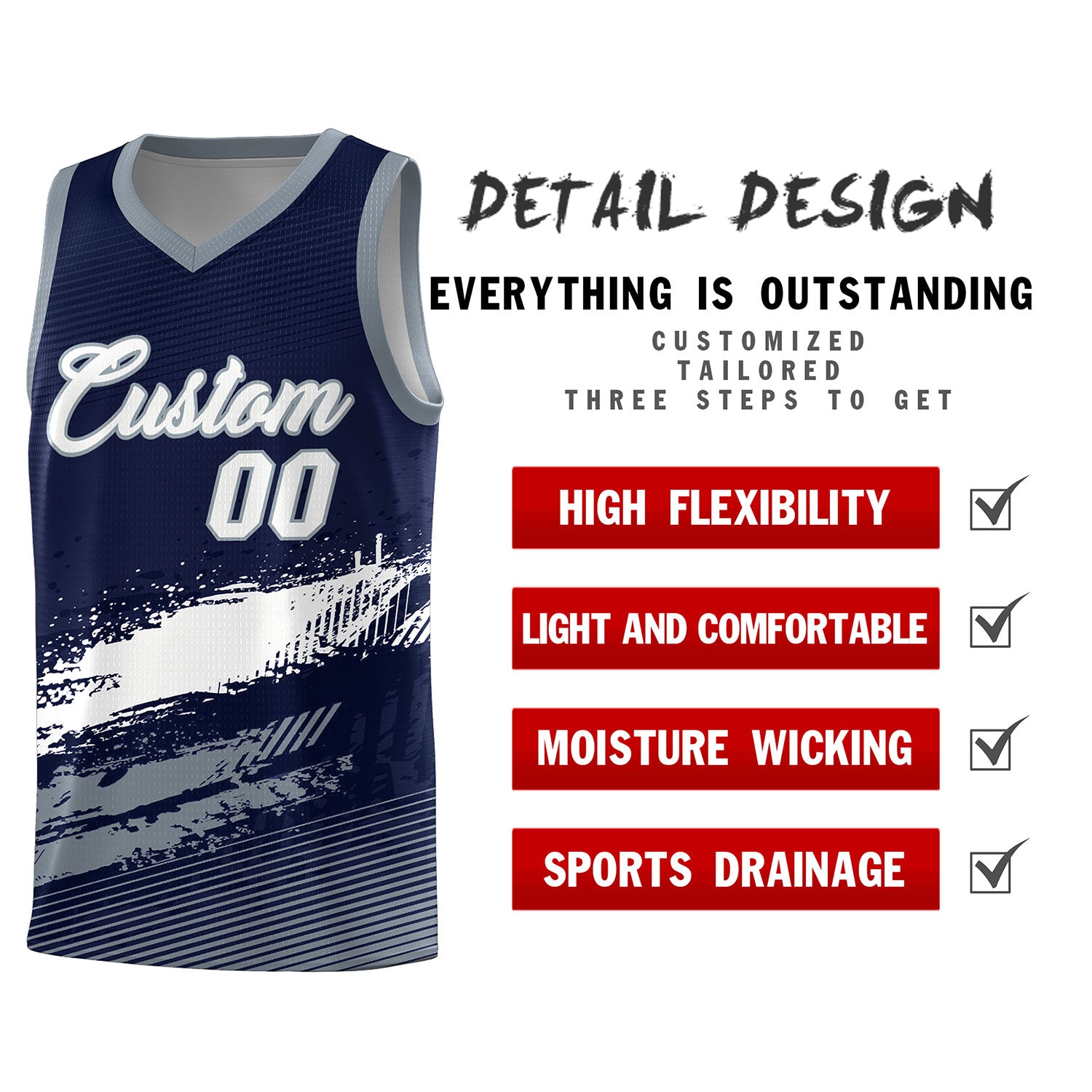 Custom Navy White and Gray Graffiti Pattern Sports Uniform Basketball Jersey