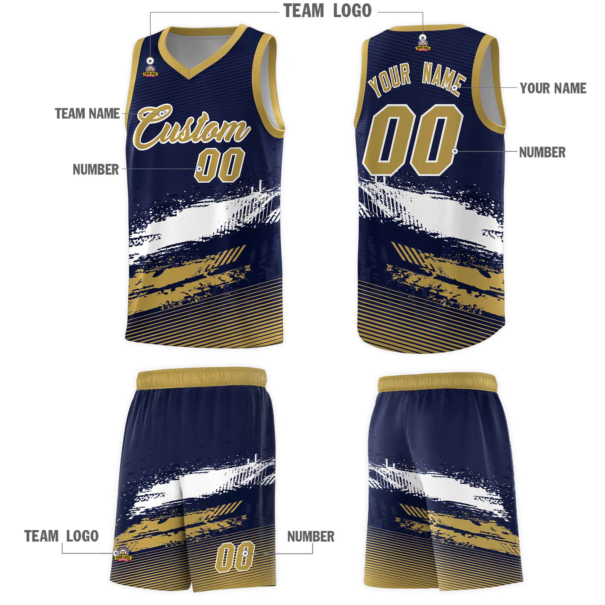 Custom Navy White and Old Gold Graffiti Pattern Sports Uniform Basketball Jersey