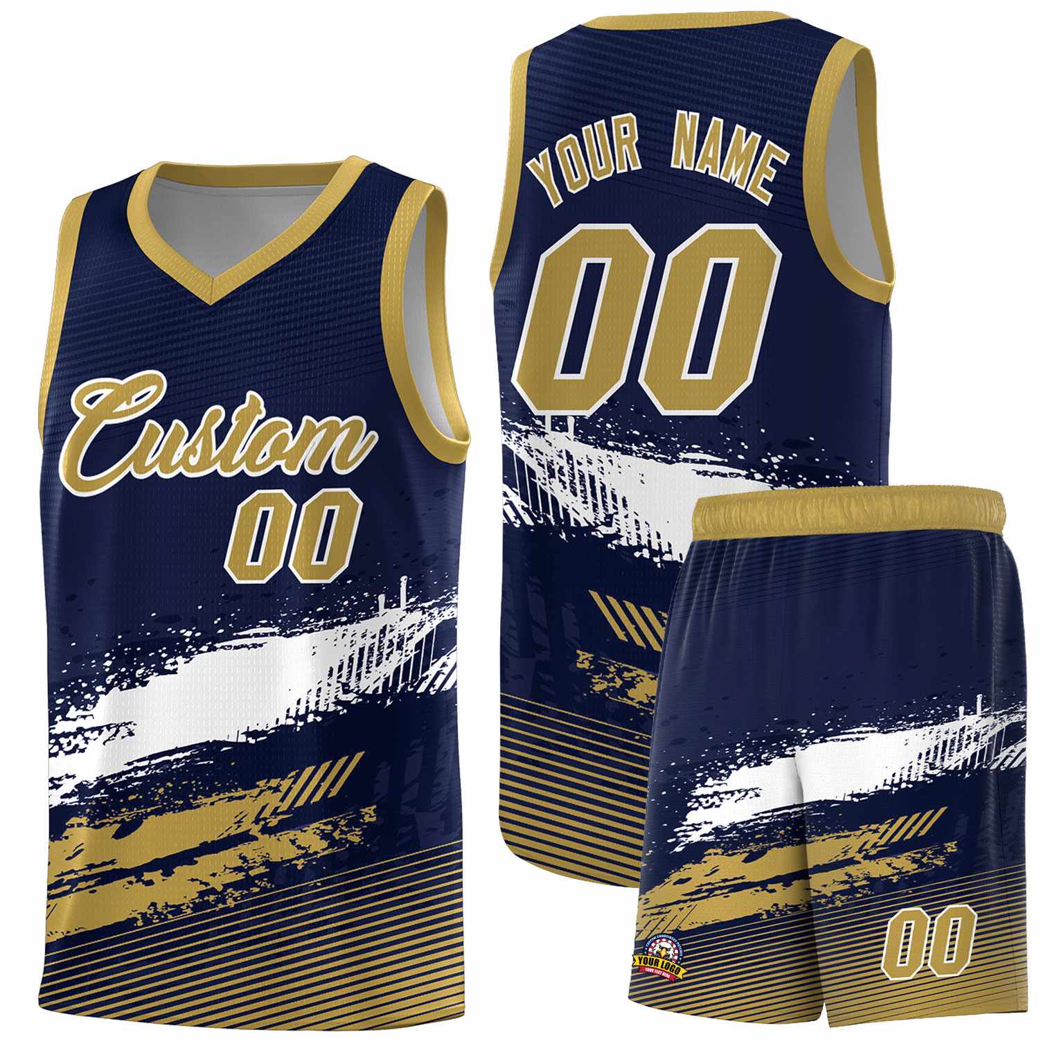 Custom Navy White and Old Gold Graffiti Pattern Sports Uniform Basketball Jersey