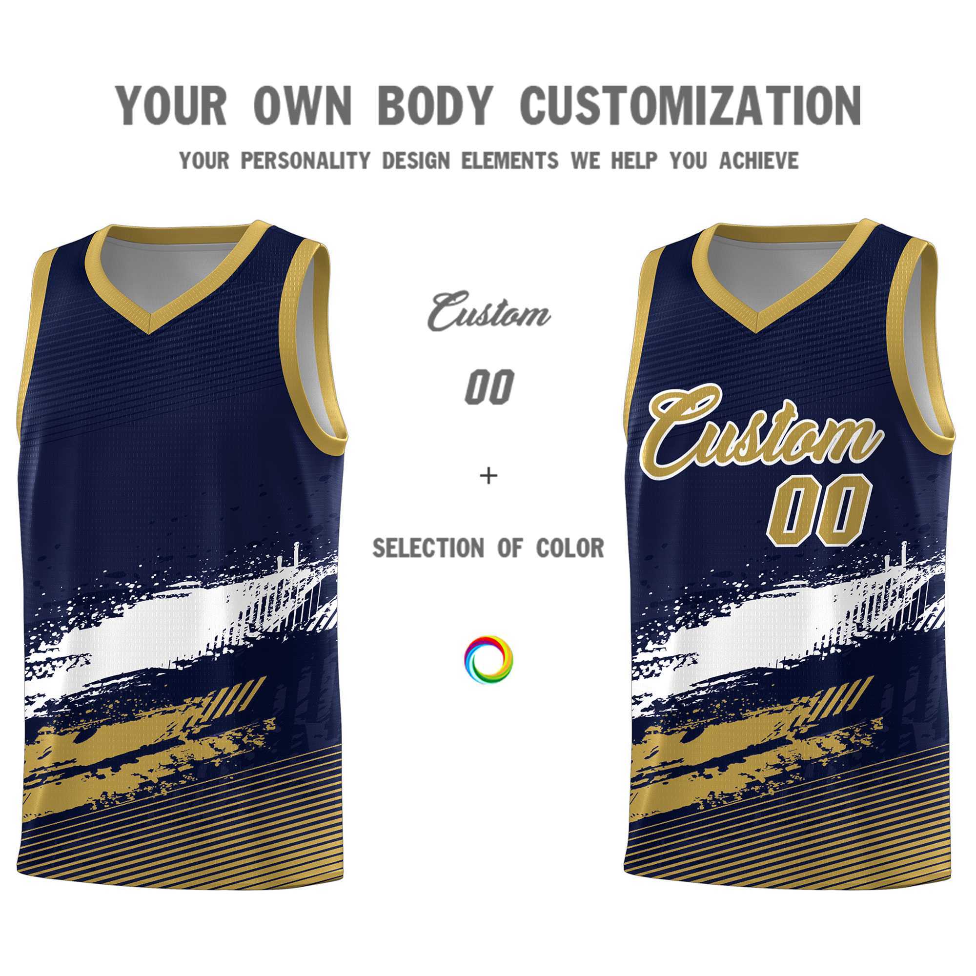 Custom Navy White and Old Gold Graffiti Pattern Sports Uniform Basketball Jersey