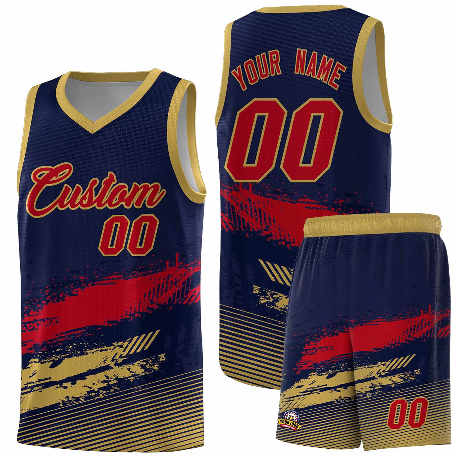 Custom Navy Red and Old Gold Graffiti Pattern Sports Uniform Basketball Jersey