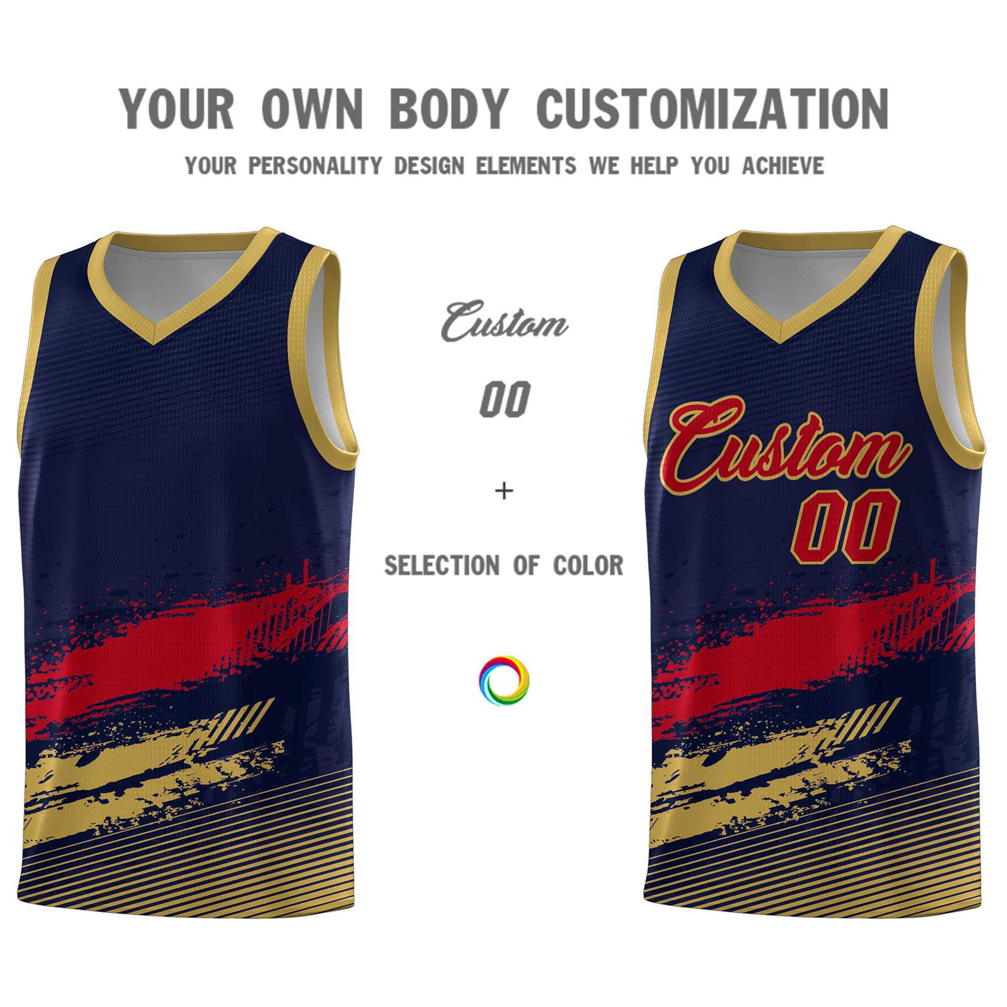 Custom Navy Red and Old Gold Graffiti Pattern Sports Uniform Basketball Jersey