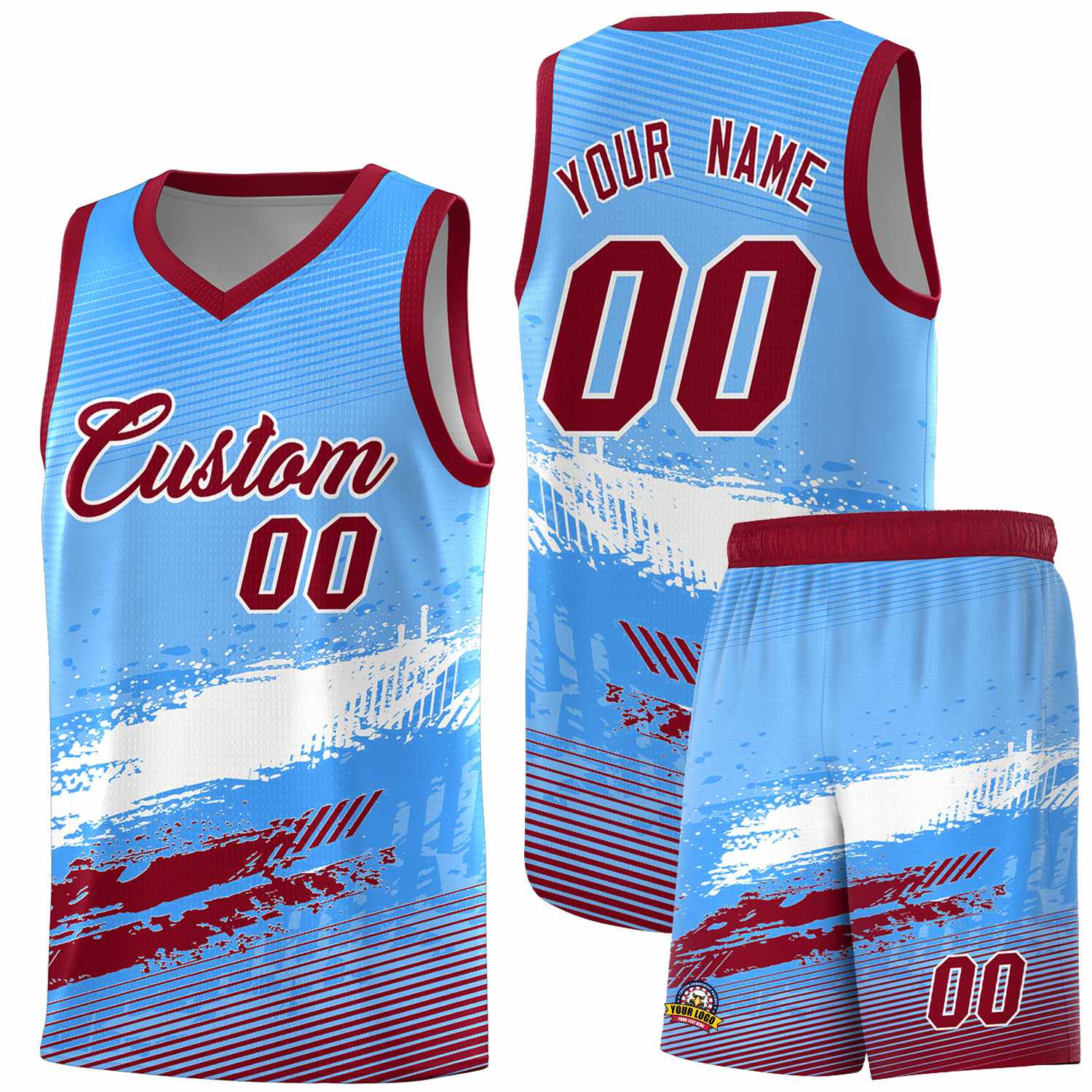 Custom Powder Blue White and Crimson Graffiti Pattern Sports Uniform Basketball Jersey