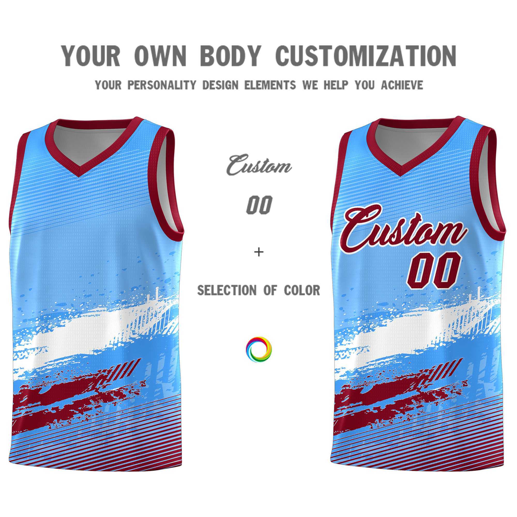 Custom Powder Blue White and Crimson Graffiti Pattern Sports Uniform Basketball Jersey