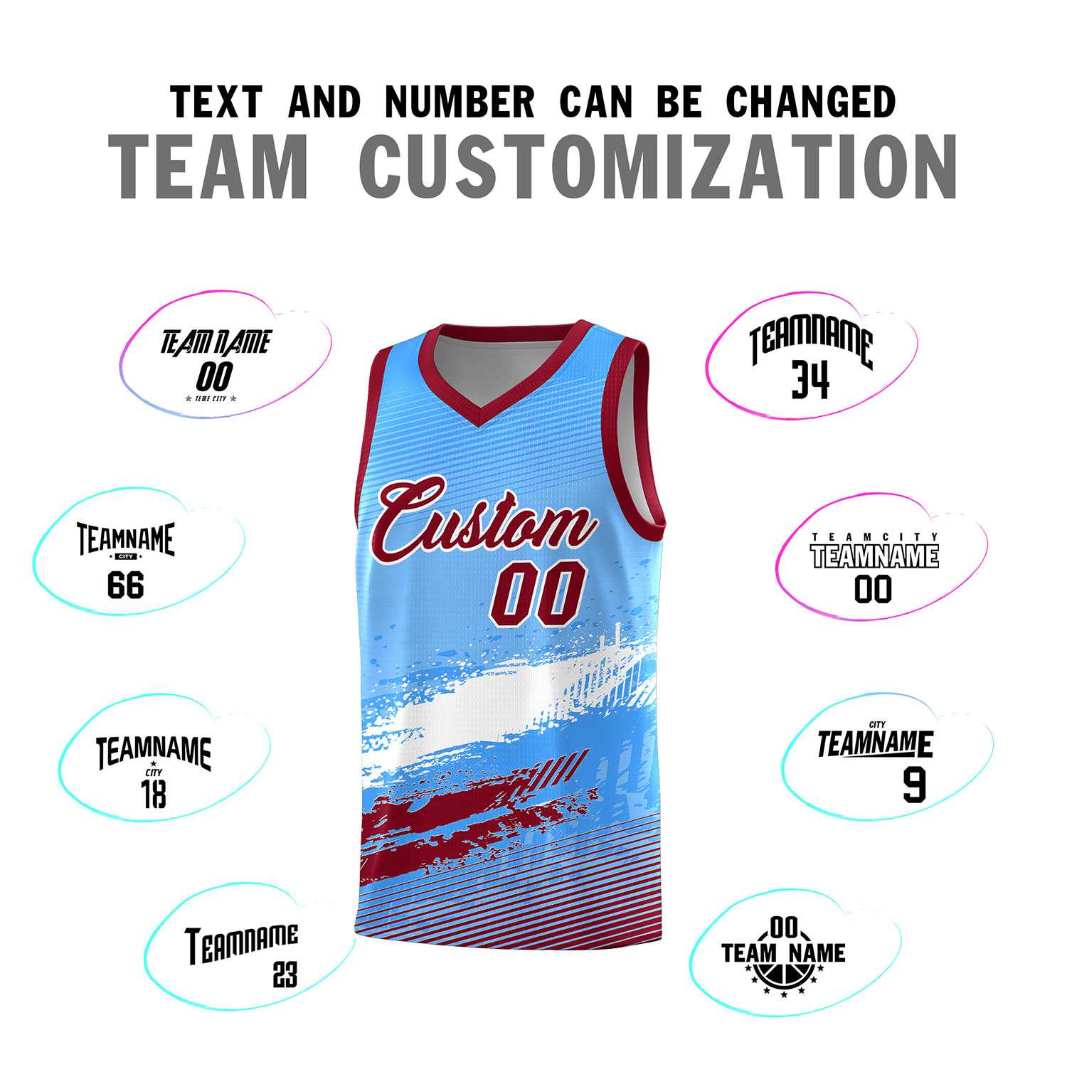 Custom Powder Blue White and Crimson Graffiti Pattern Sports Uniform Basketball Jersey